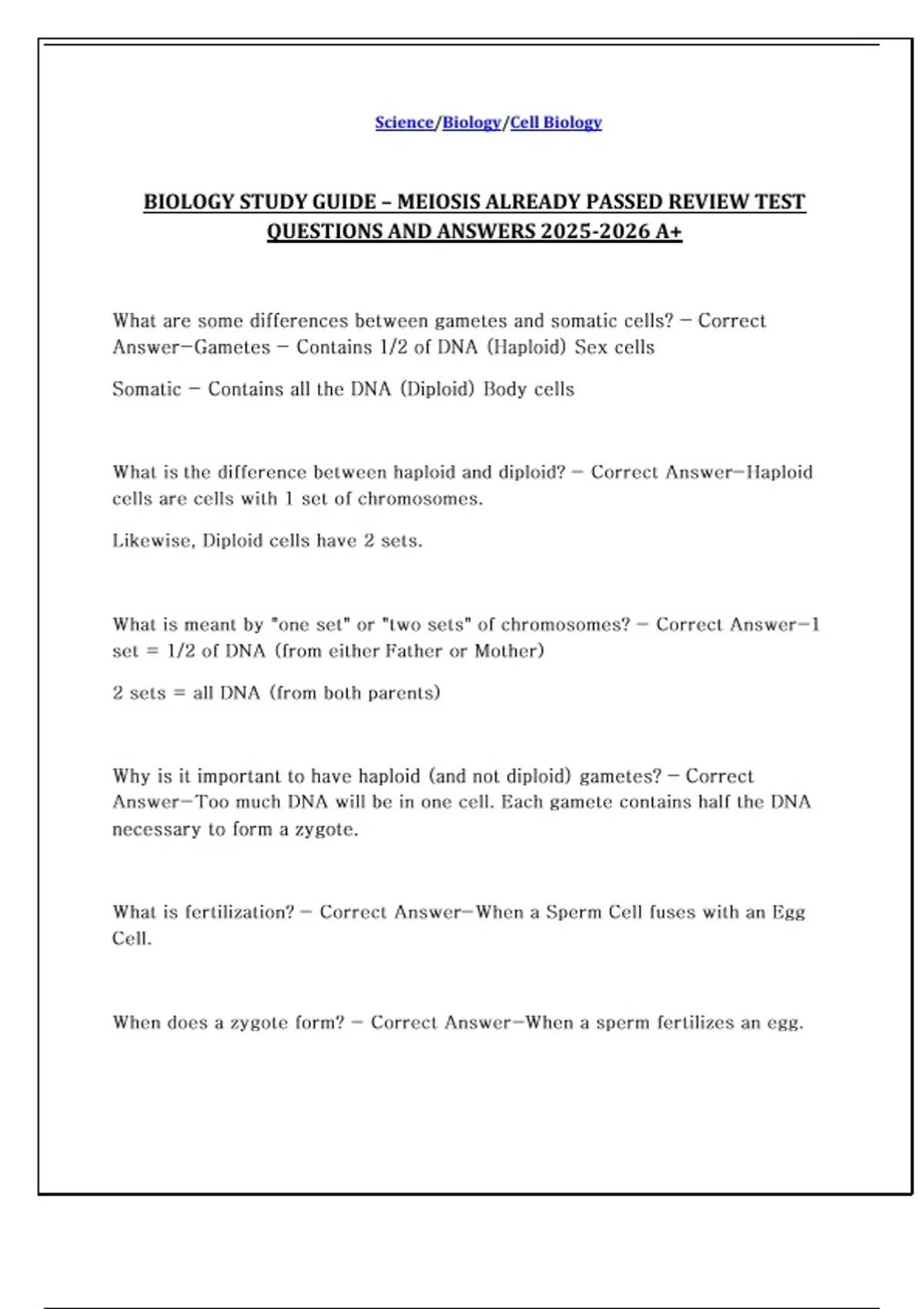 BIOLOGY STUDY GUIDE – MEIOSIS ALREADY PASSED REVIEW TEST QUESTIONS AND ...