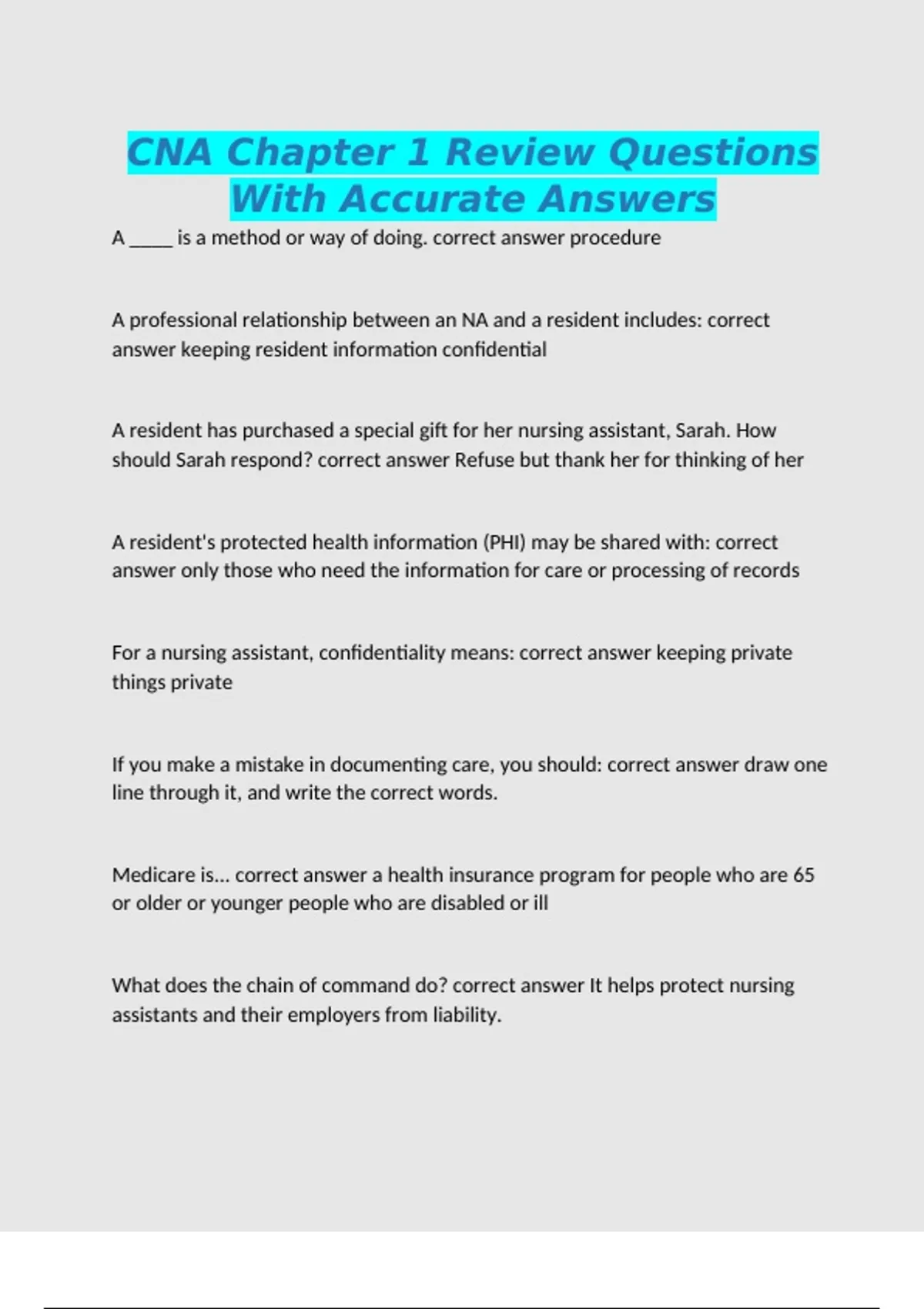 Cna Review.pdf CNA Chapter 1 Review Questions With Accurate Answers - CNA - Certified ...