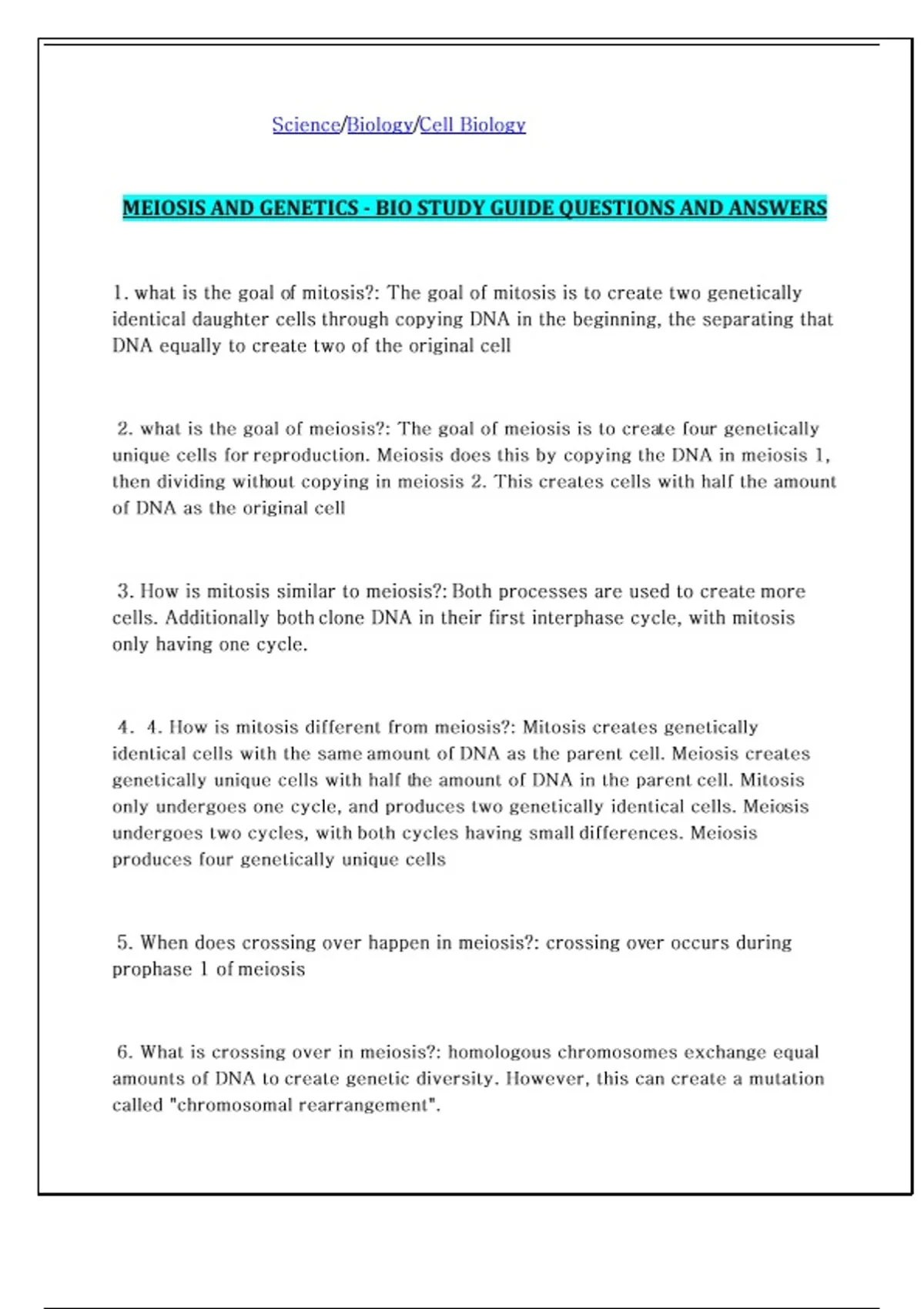 MEIOSIS AND GENETICS - BIO STUDY GUIDE QUESTIONS AND ANSWERS - MEIOSIS ...