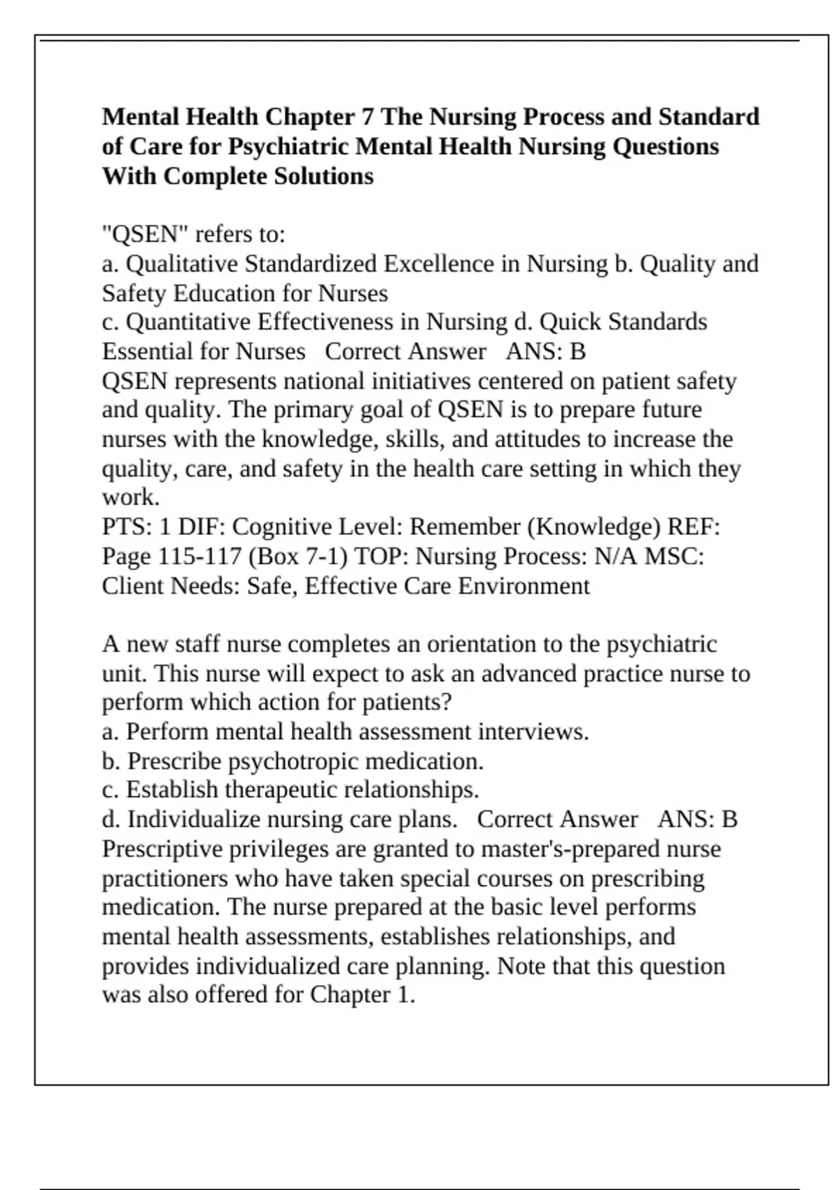 Mental Health Chapter 7 The Nursing Process and Standard of Care for ...