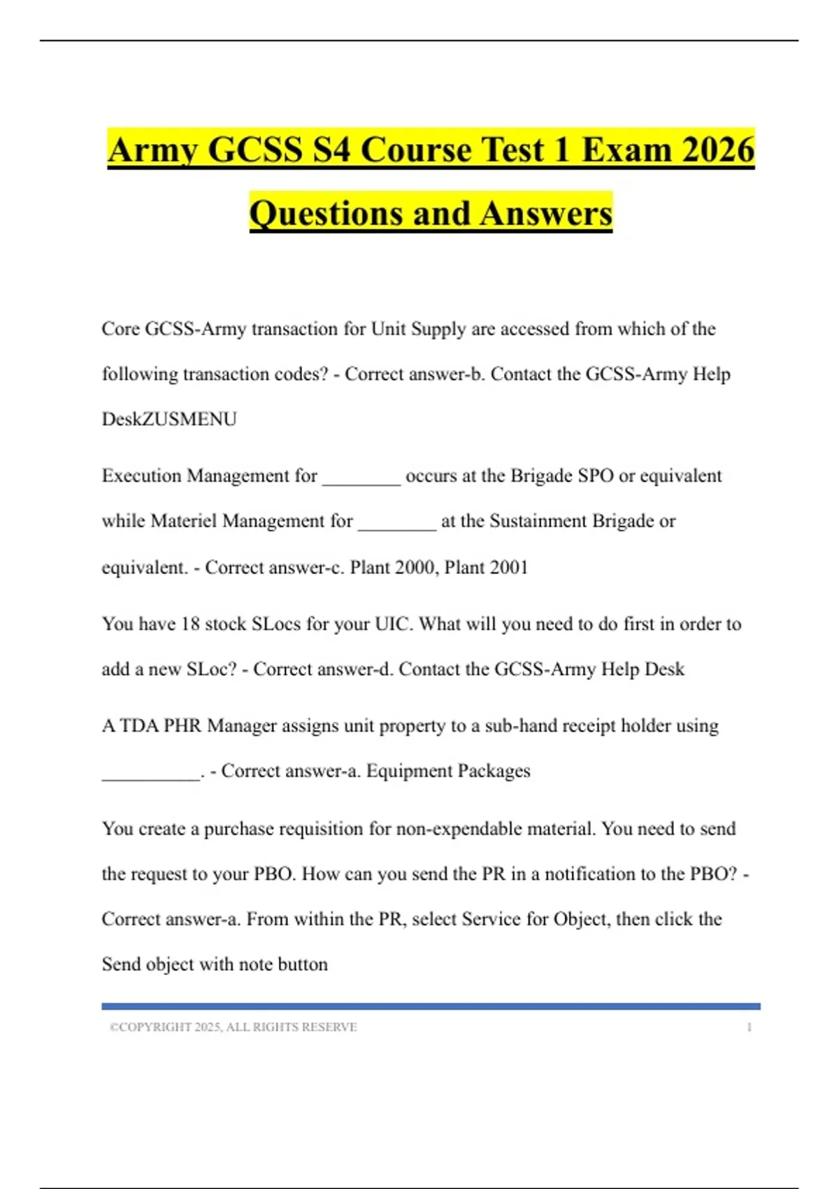 Army GCSS S4 Course Test 1 Exam 2026 Questions and Answers - GCSS-Army ...