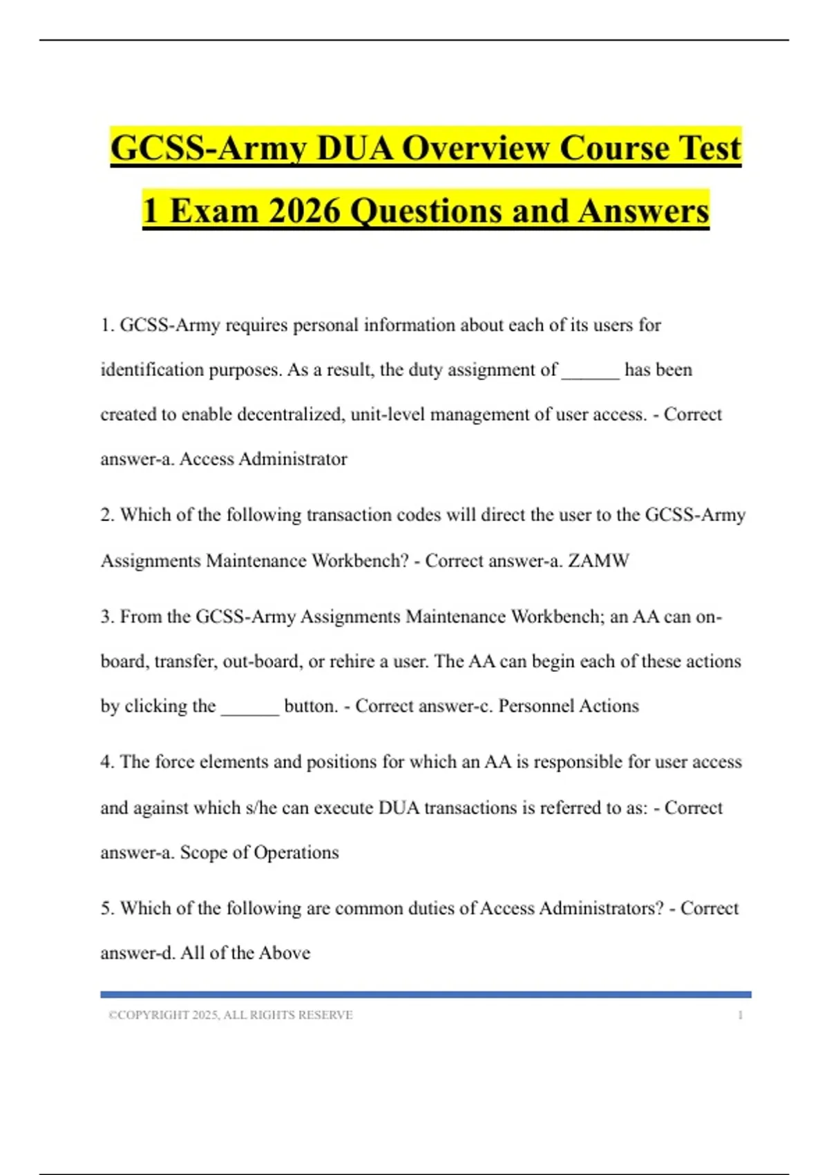 GCSS-Army DUA Overview Course Test 1 Exam 2026 Questions and Answers ...