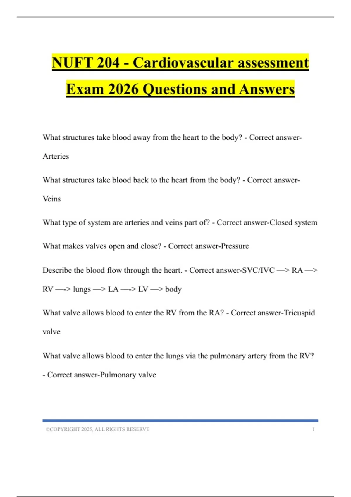 NUFT 204 - Cardiovascular assessment Exam 2026 Questions and Answers ...