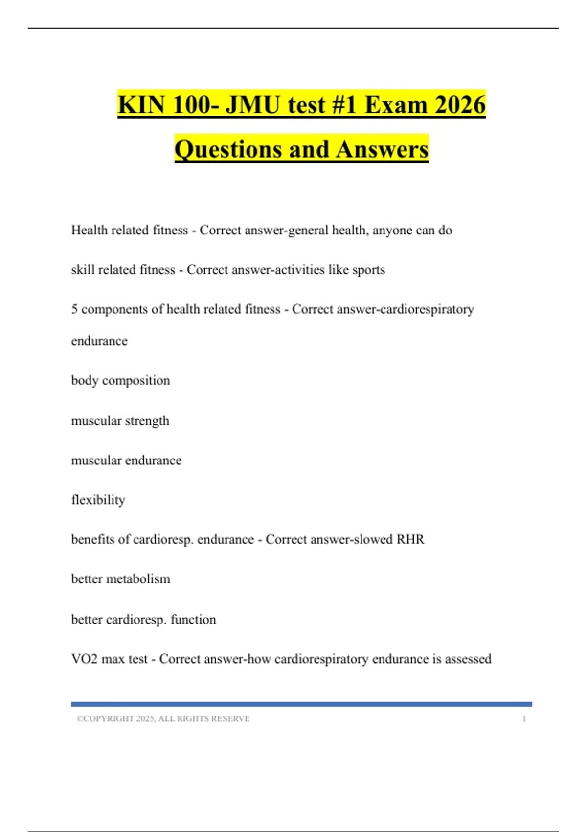 Kin 100 Lectures KIN 100- JMU test #1 Exam 2026 Questions and Answers - KIN 100 - Stuvia US