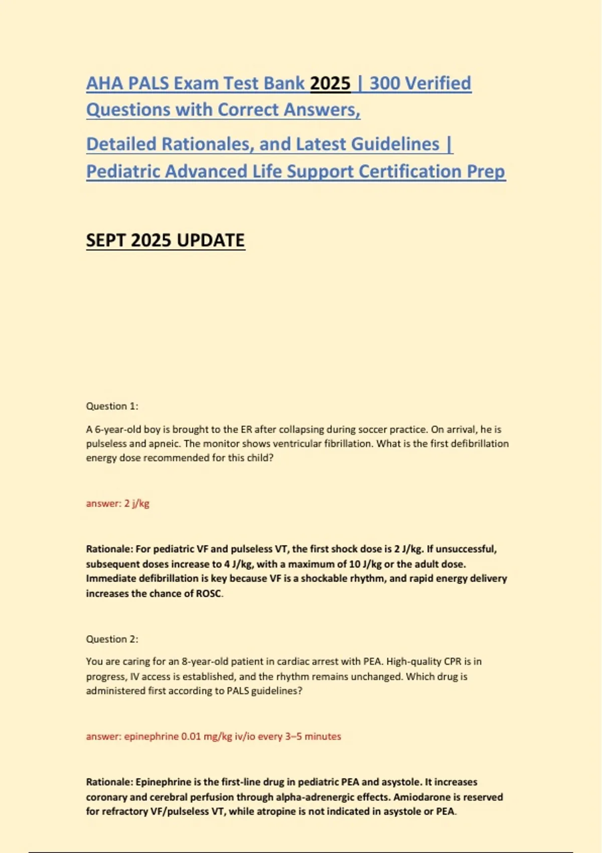 AHA PALS Exam Test Bank 2025 | 300 Verified Questions with Correct ...