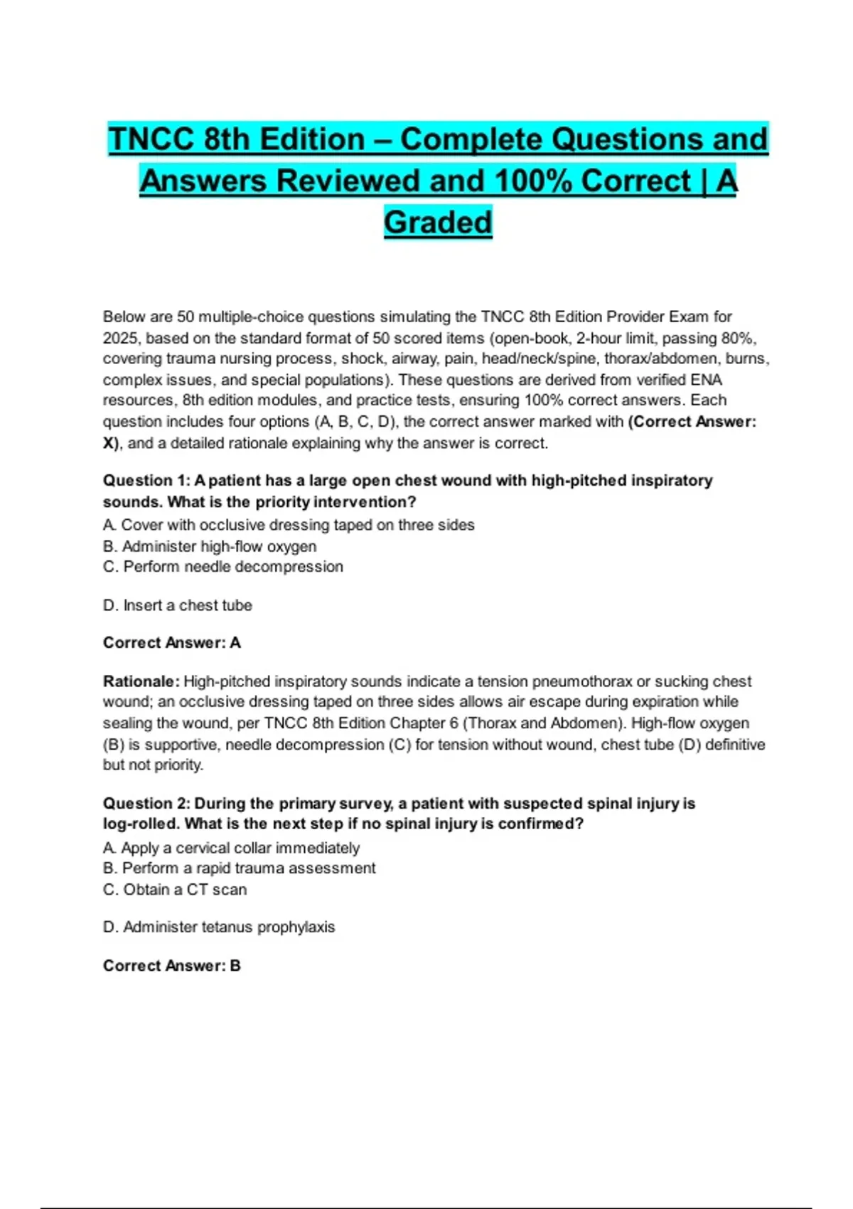 Tncc Questions TNCC 8th Edition – Complete Questions and Answers Reviewed and 100% ...