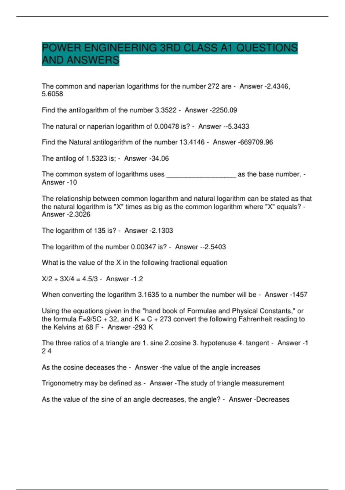 POWER ENGINEERING 3RD CLASS A1 QUESTIONS AND ANSWERS - POWER ...