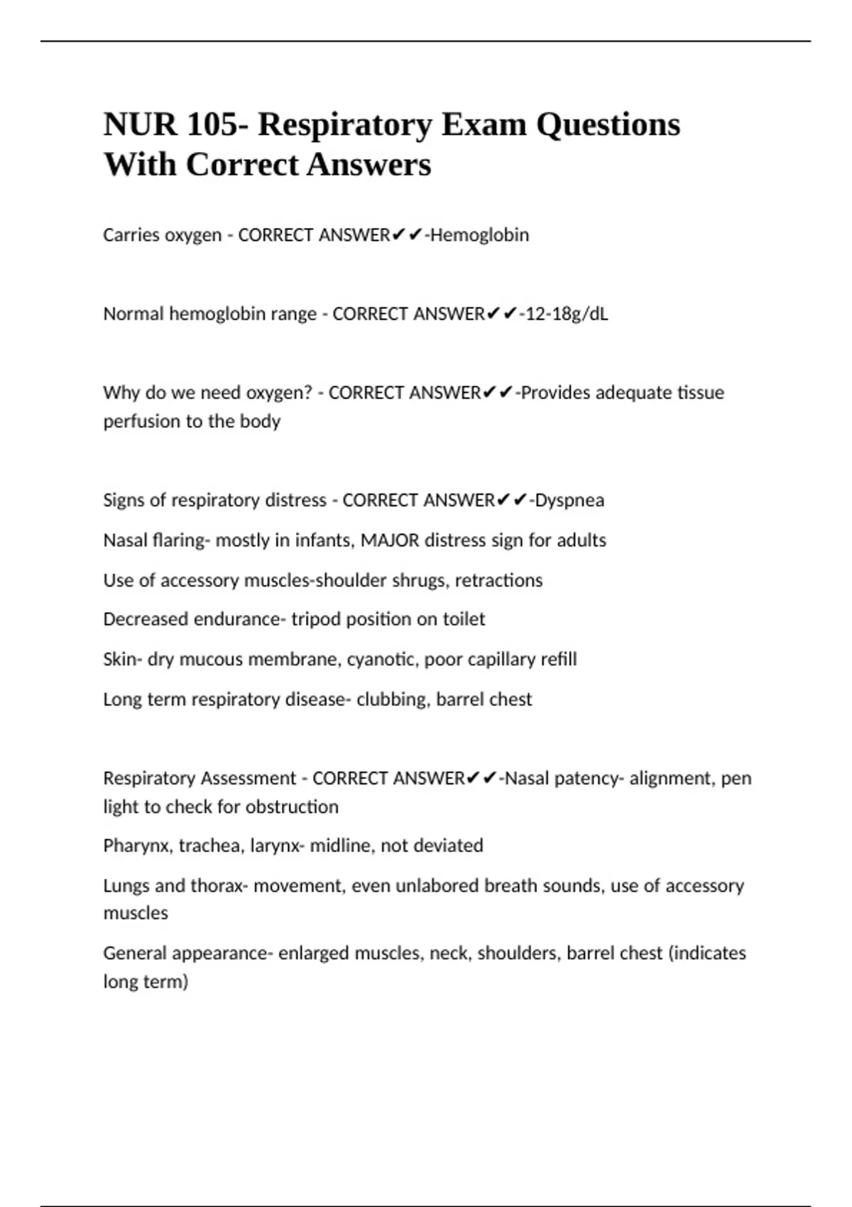 NUR 105- Respiratory Exam Questions With Correct Answers - NUR 105 ...