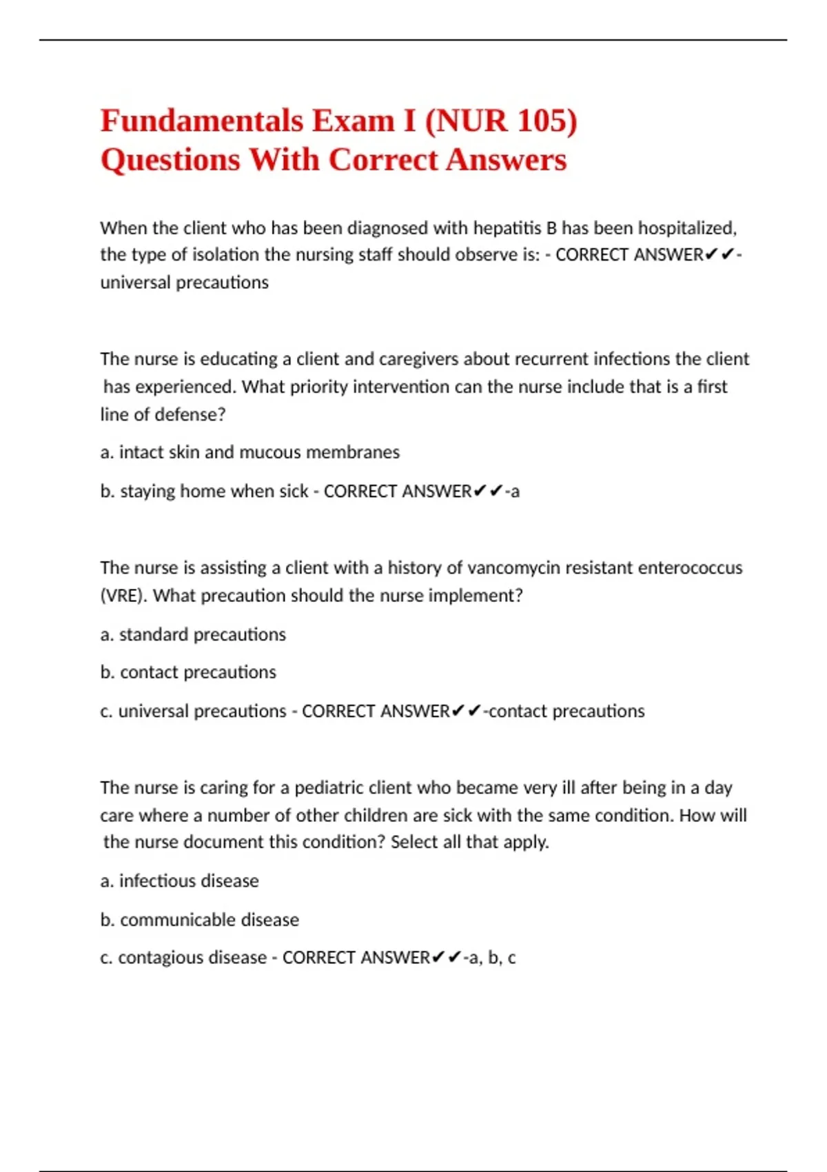 Fundamentals Exam I (NUR 105) Questions With Correct Answers - NUR 105 ...