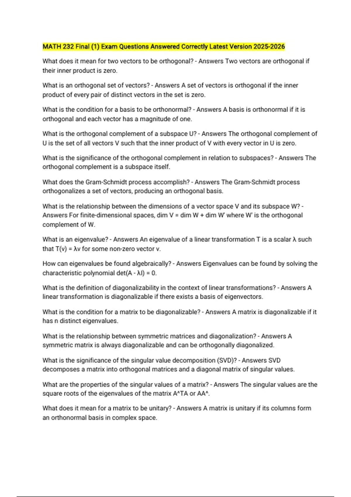 MATH 232 Final (1) Exam Questions Answered Correctly Latest Version ...