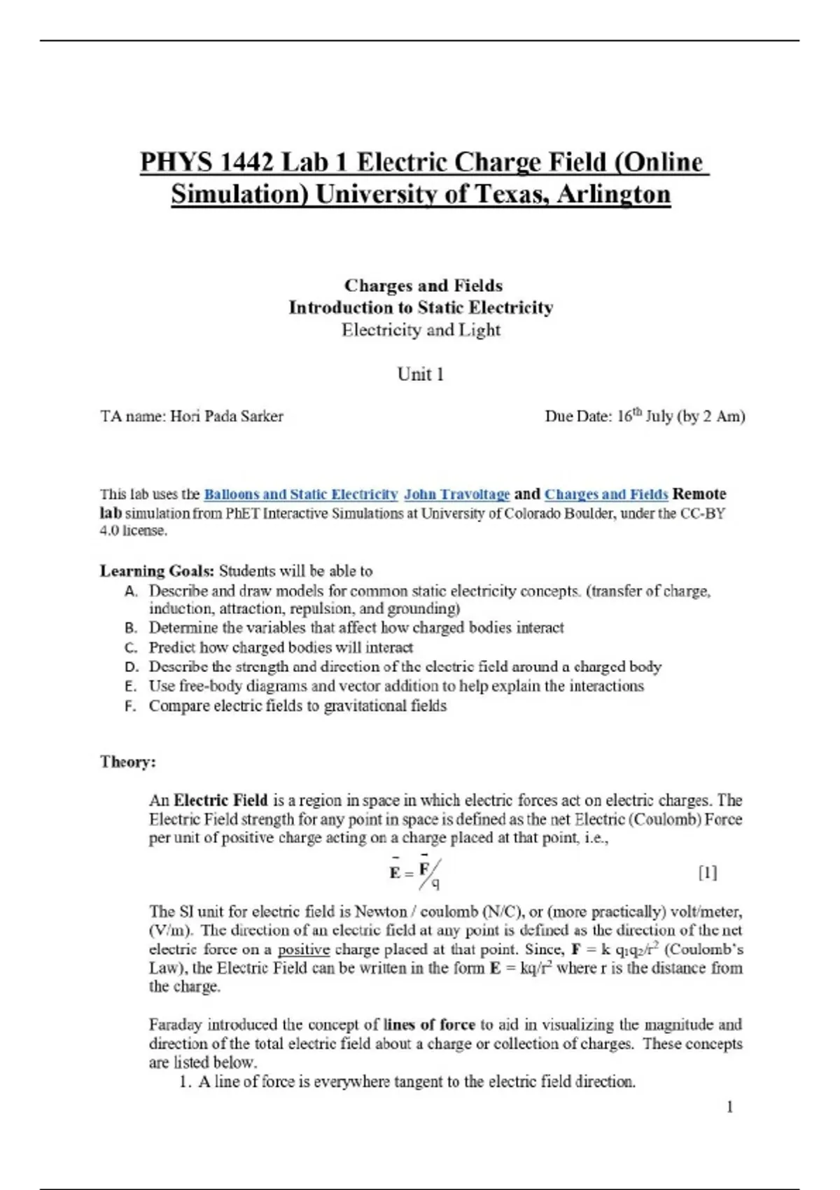 PHYS 1442 Lab 1 Electric Charge Field (Online Simulation) University of ...
