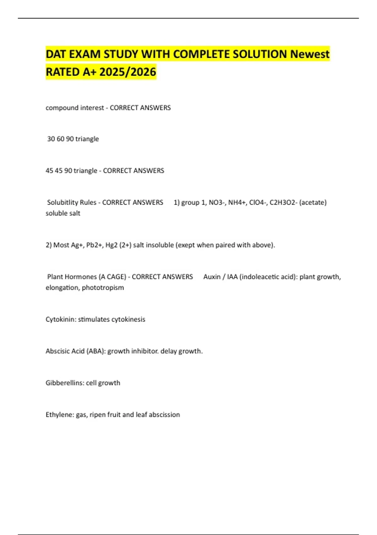 DAT EXAM STUDY WITH COMPLETE SOLUTION Newest RATED A+ 2025/2026 - DAT ...