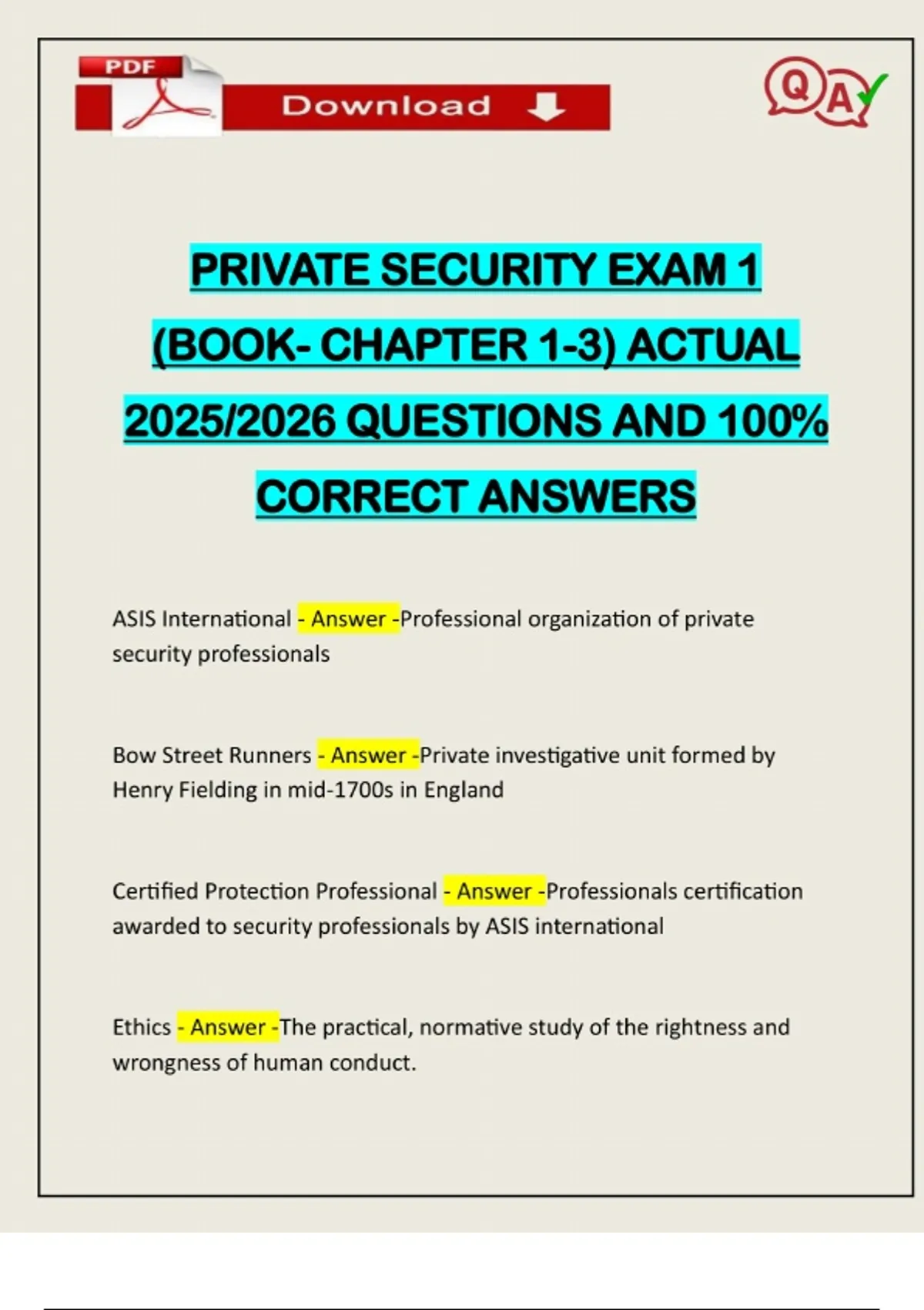 PRIVATE SECURITY EXAM 1 (BOOK- CHAPTER 1-3) ACTUAL 2025/2026 QUESTIONS ...