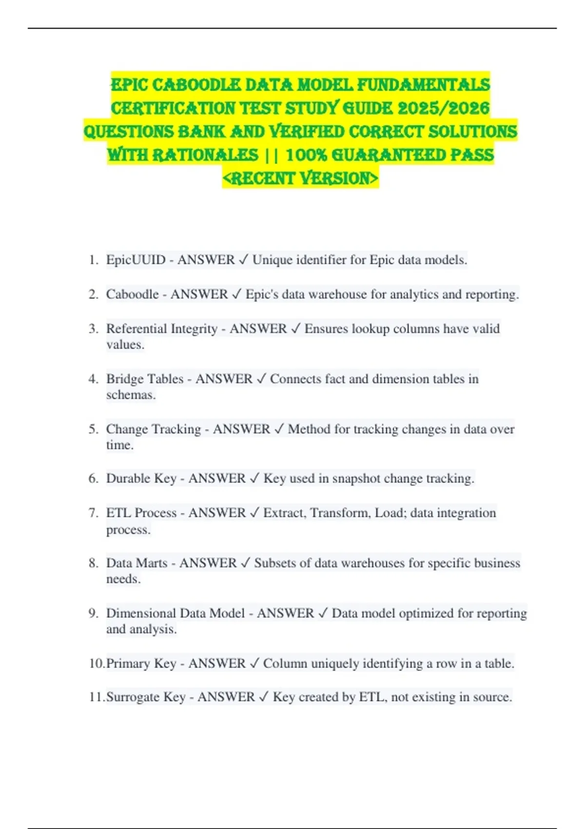 EPIC Caboodle Data Model Fundamentals CERTIFICATION TEST STUDY GUIDE ...