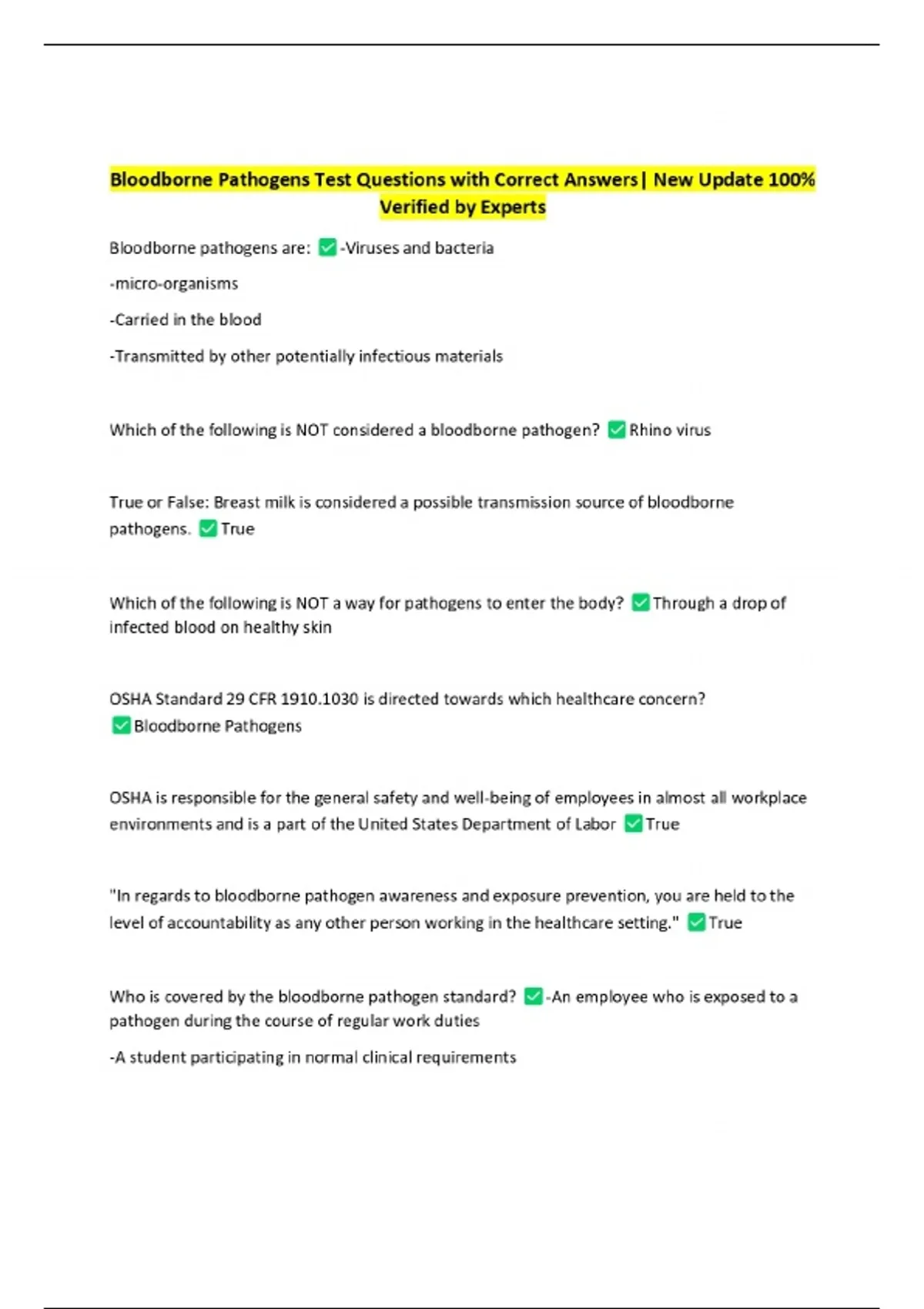 Blood Test Pathogen Bloodborne Pathogens Test Questions with Correct Answers| New Update ...