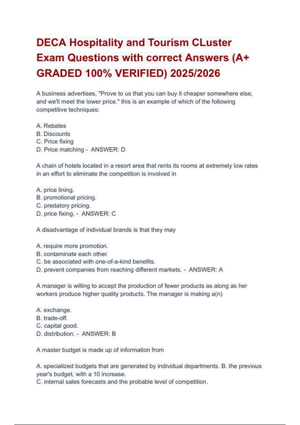DECA Hospitality and Tourism CLuster Exam Questions with correct ...