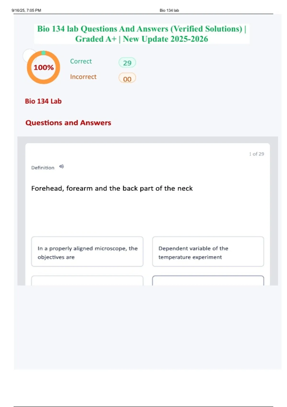 Bio 134 lab Questions And Answers (Verified Solutions) | Graded A+ ...