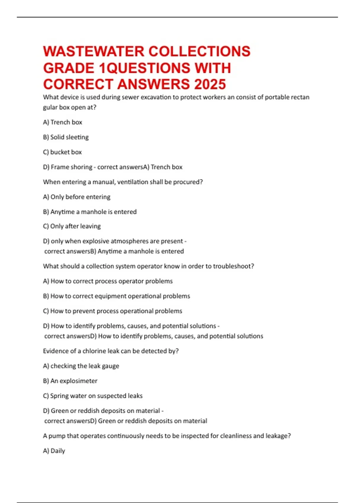 WASTEWATER COLLECTIONS GRADE 1QUESTIONS WITH CORRECT ANSWERS 2025 ...