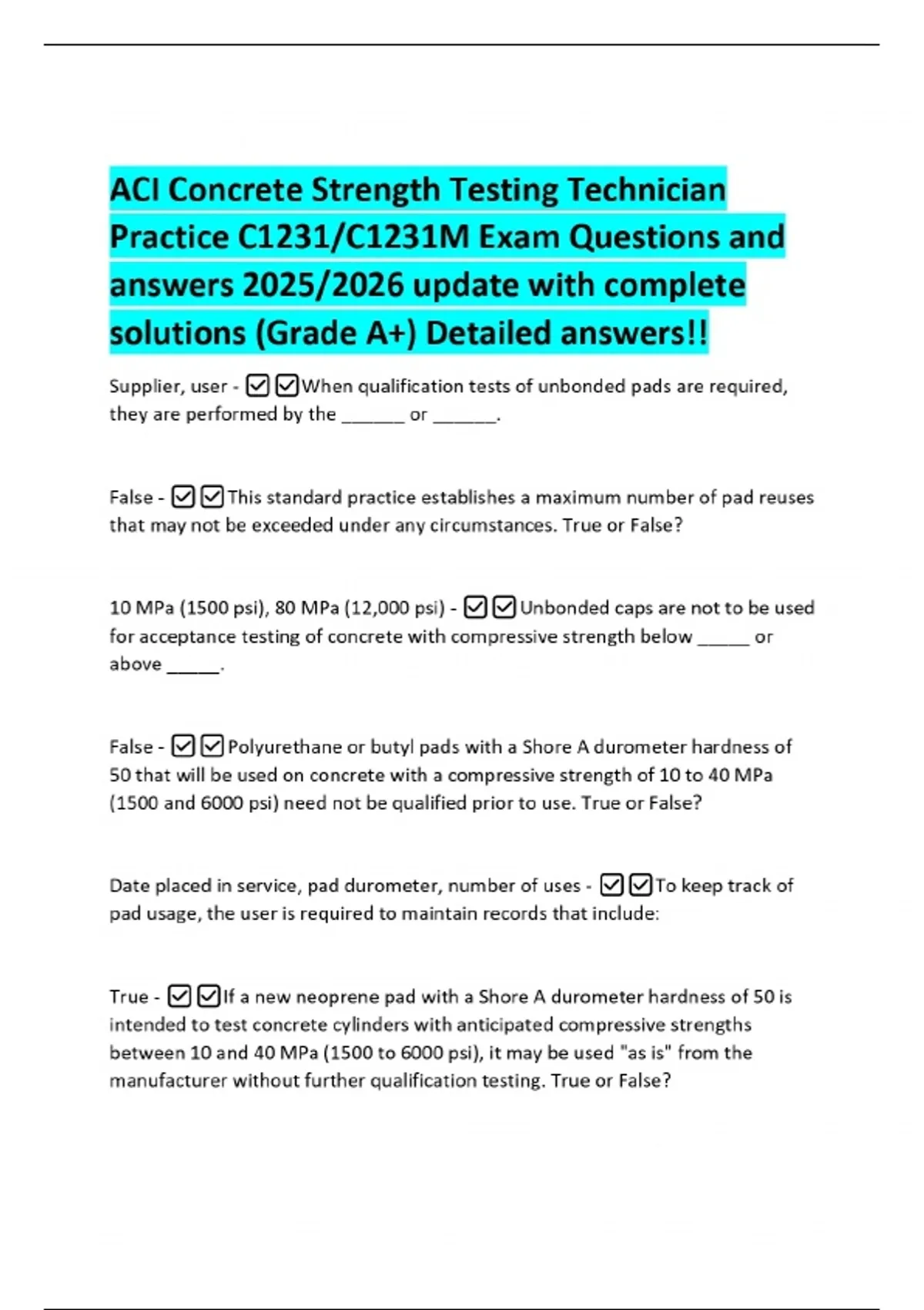 ACI Concrete Strength Testing Technician Practice C1231/C1231M Exam ...