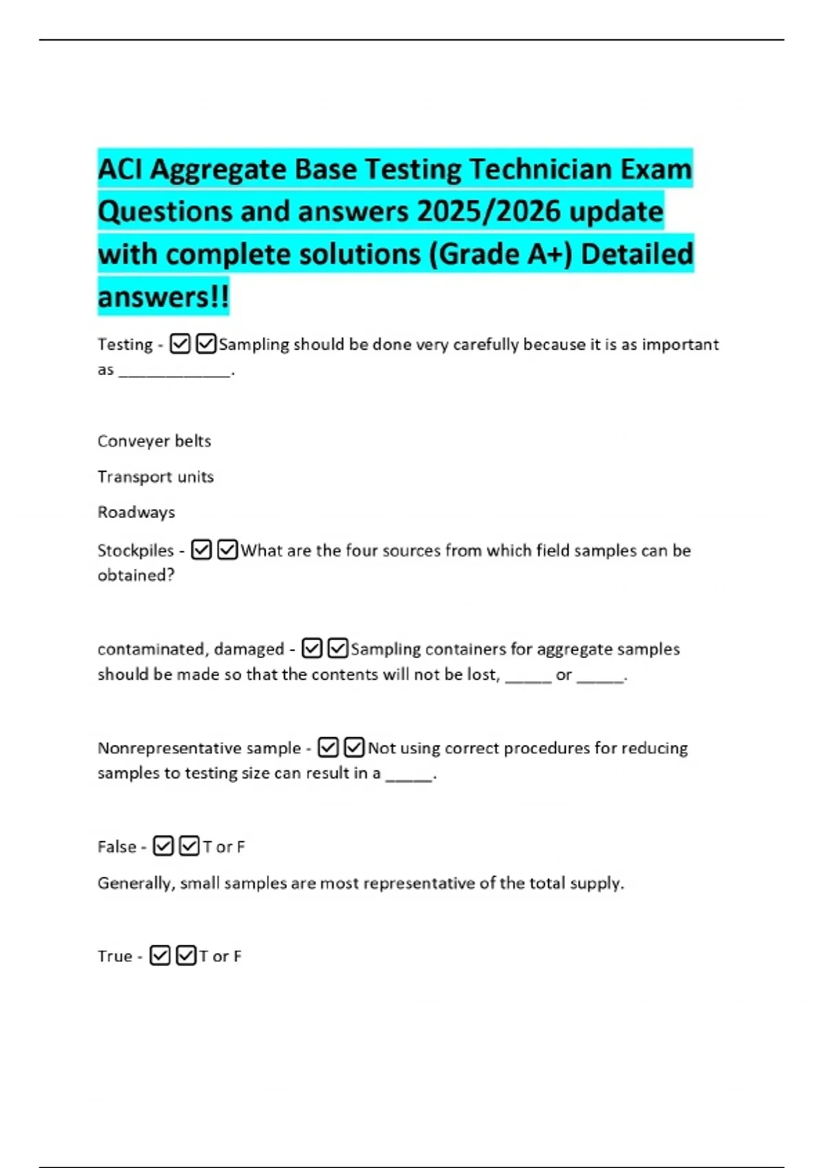 ACI Aggregate Base Testing Technician Exam Questions and answers 2025/ ...