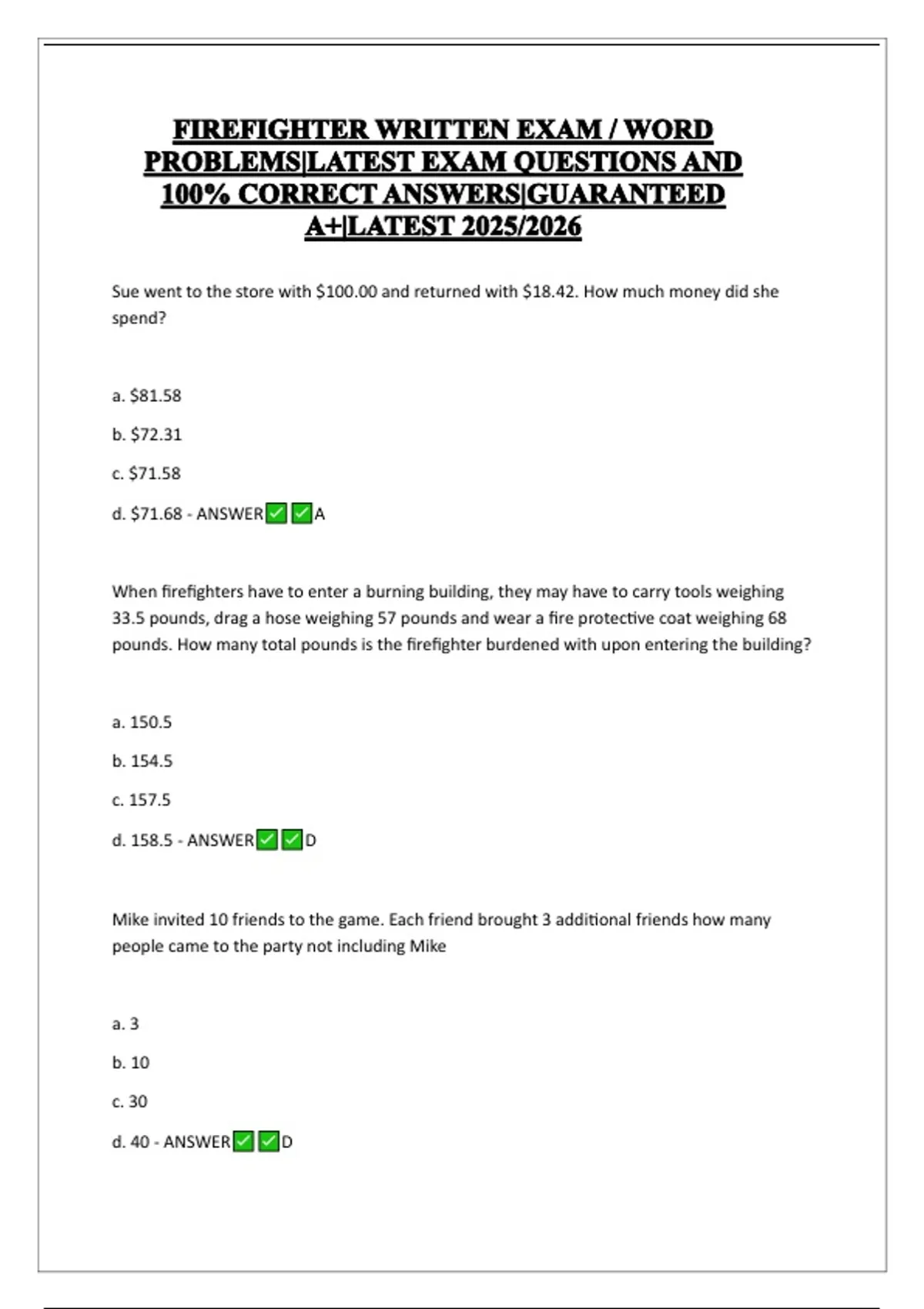 FIREFIGHTER WRITTEN EXAM / WORD PROBLEMS|LATEST EXAM QUESTIONS AND 100% ...