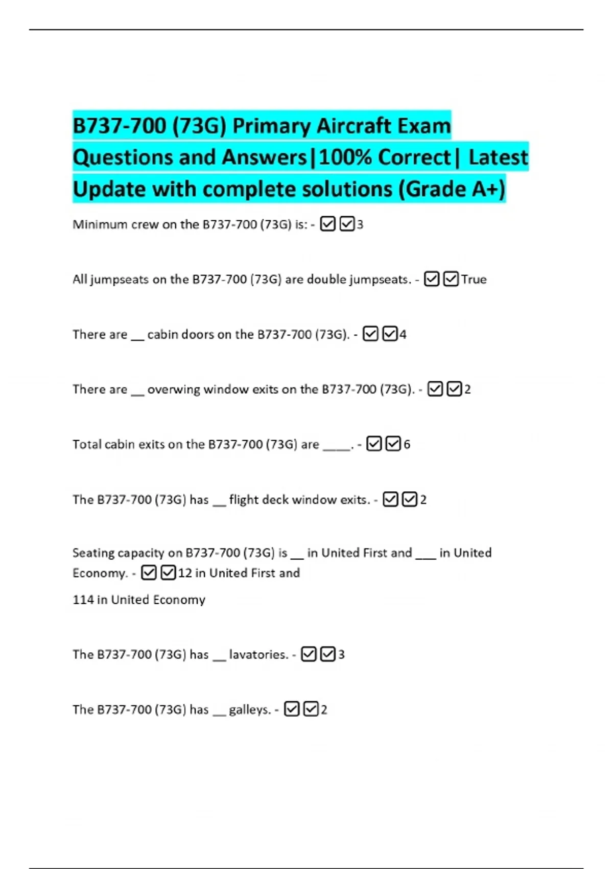 B737-700 (73G) Primary Aircraft Exam Questions and Answers|100% Correct ...