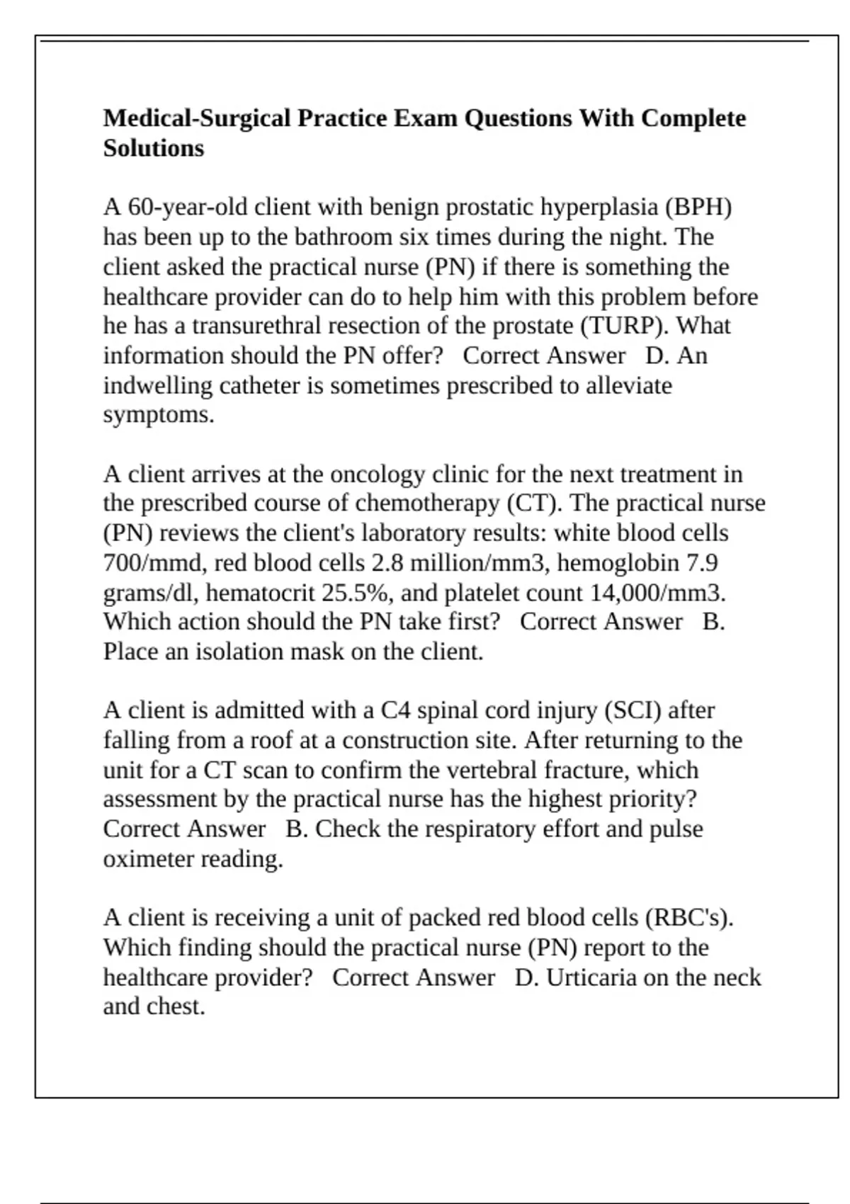 Medical-Surgical Practice Exam Questions With Complete Solutions ...