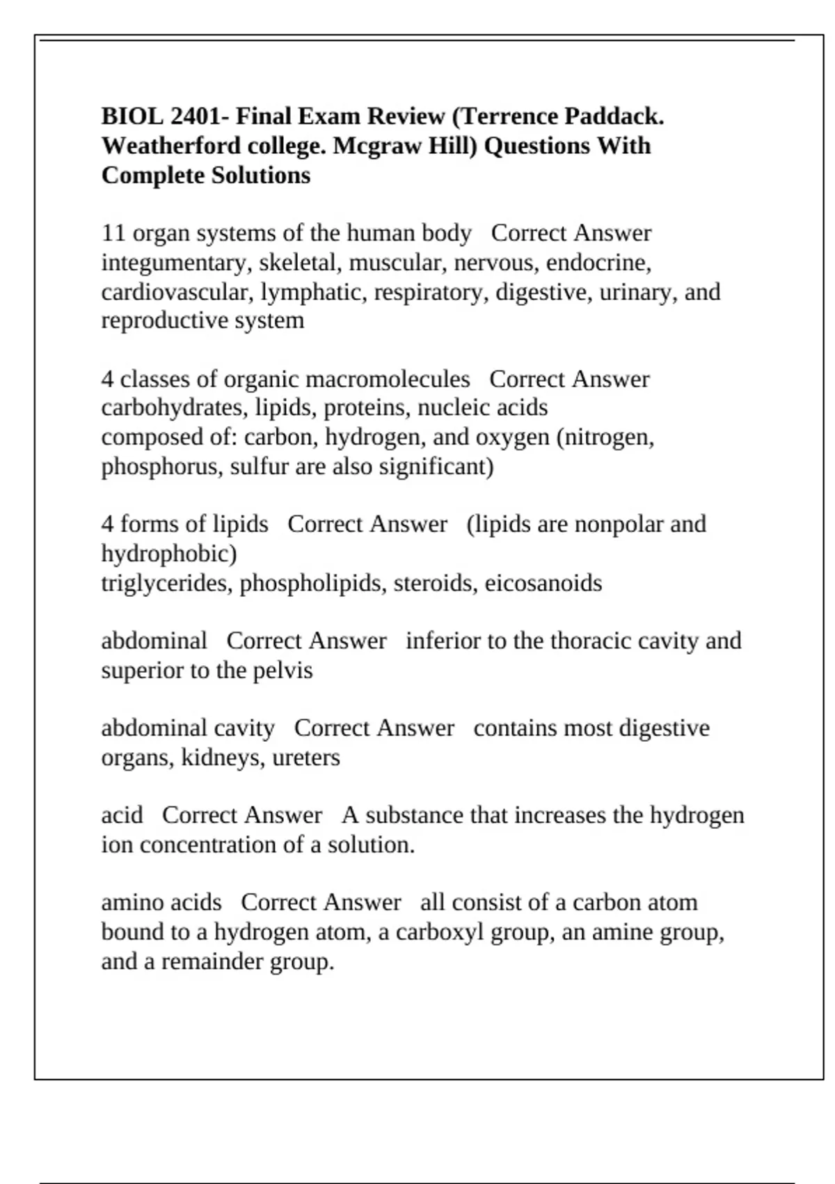 BIOL 2401- Final Exam Review (Terrence Paddack. Weatherford college ...