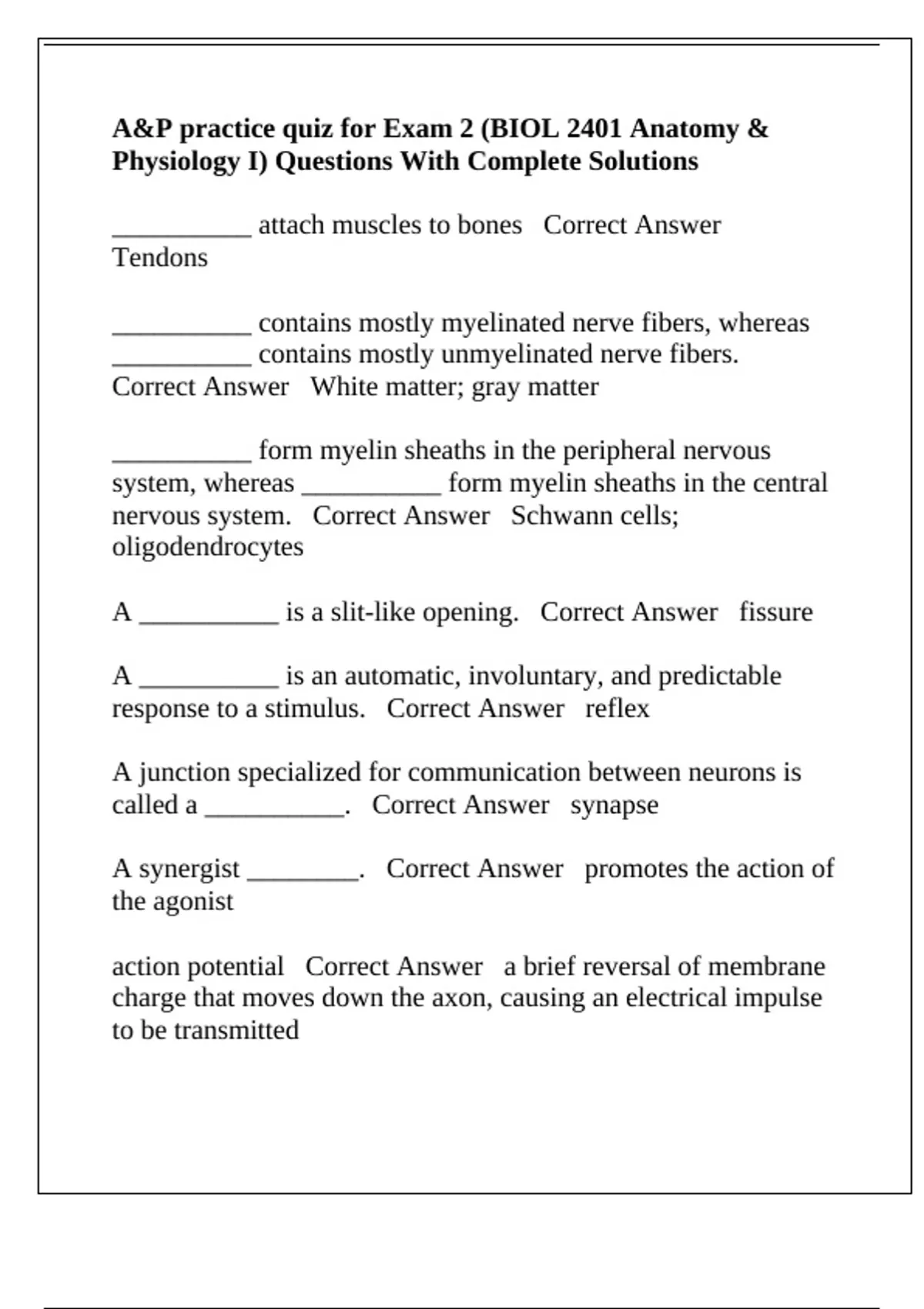 A&P practice quiz for Exam 2 (BIOL 2401 Anatomy & Physiology I ...