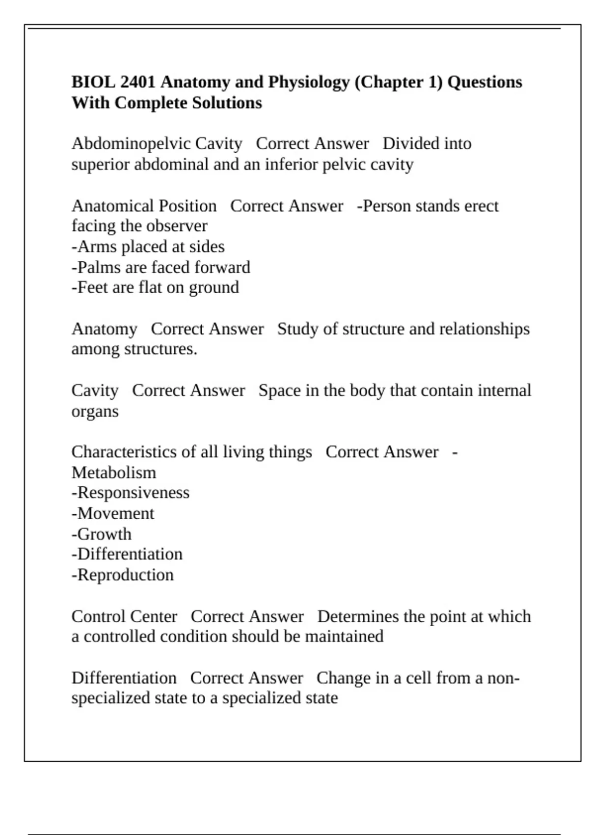 BIOL 2401 Anatomy and Physiology (Chapter 1) Questions With Complete ...