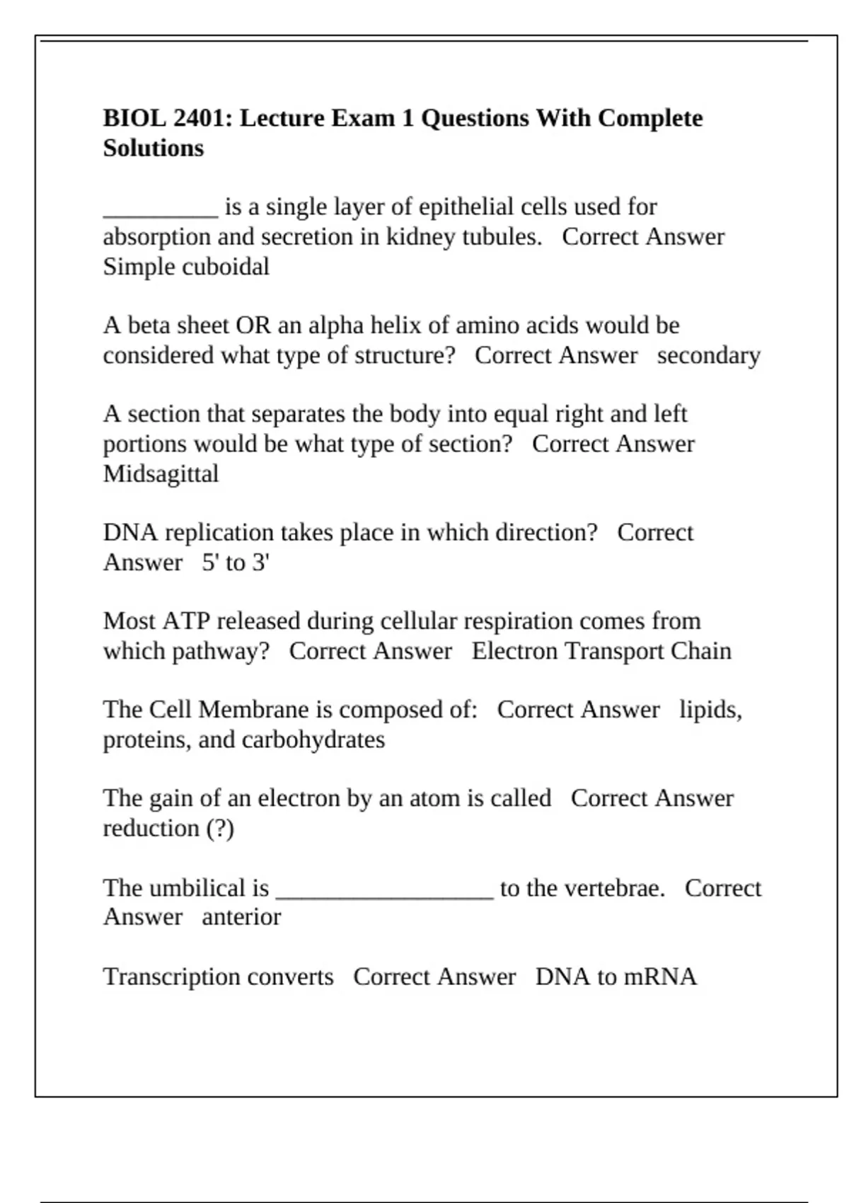 BIOL 2401: Lecture Exam 1 Questions With Complete Solutions - BIOL 2401 ...