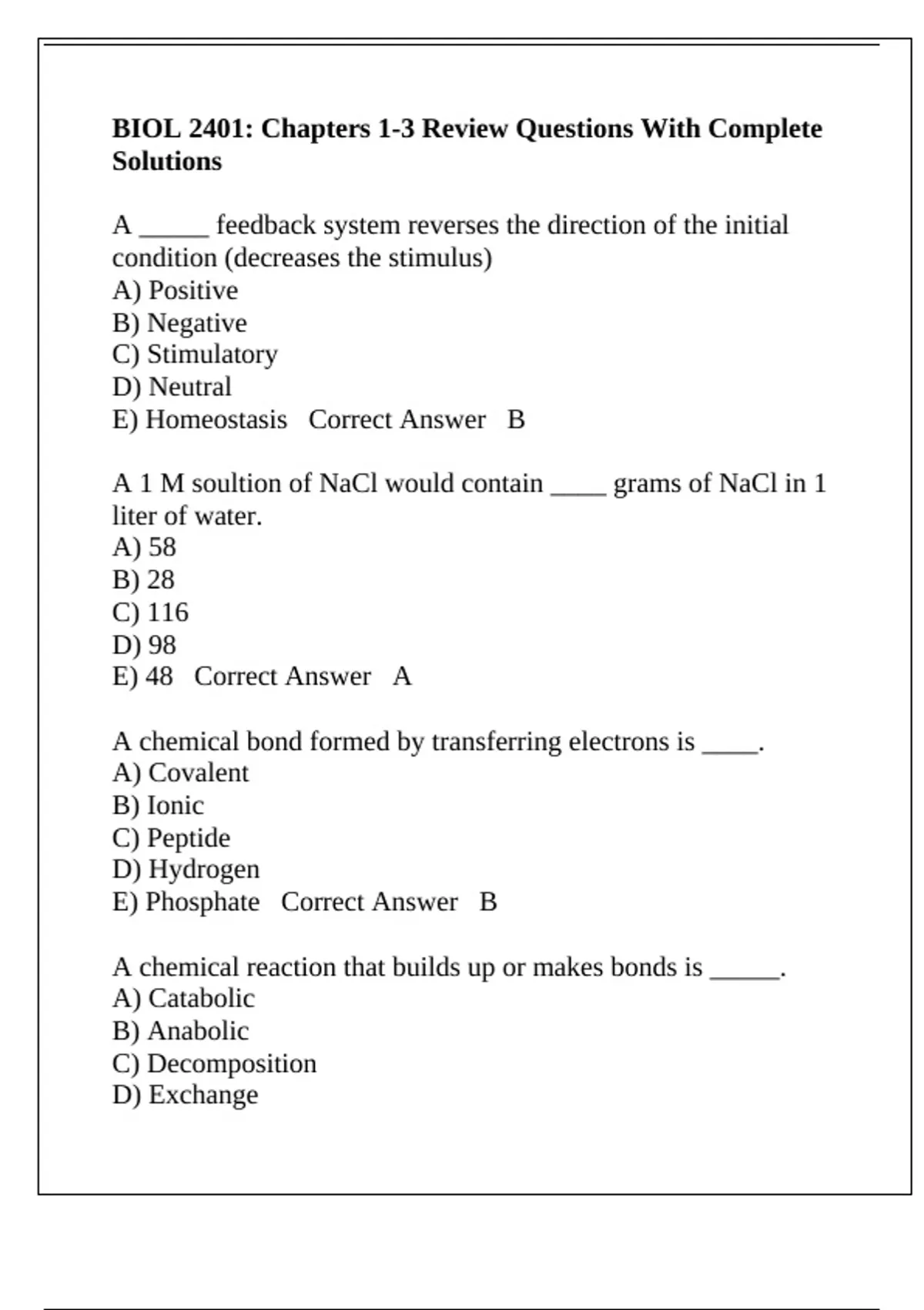 BIOL 2401: Chapters 1-3 Review Questions With Complete Solutions - BIOL ...
