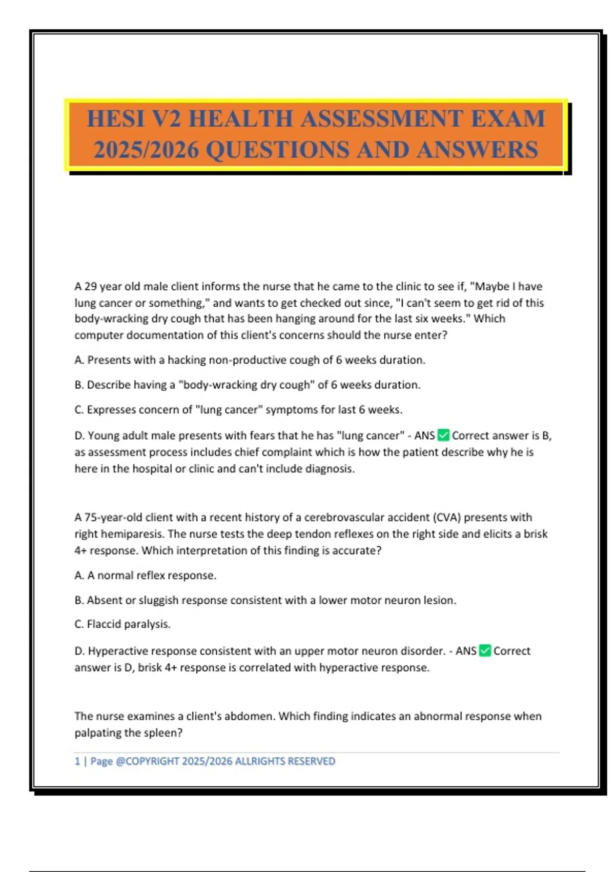 HESI V2 HEALTH ASSESSMENT EXAM 2025/2026 QUESTIONS AND ANSWERS - HEALTH ...