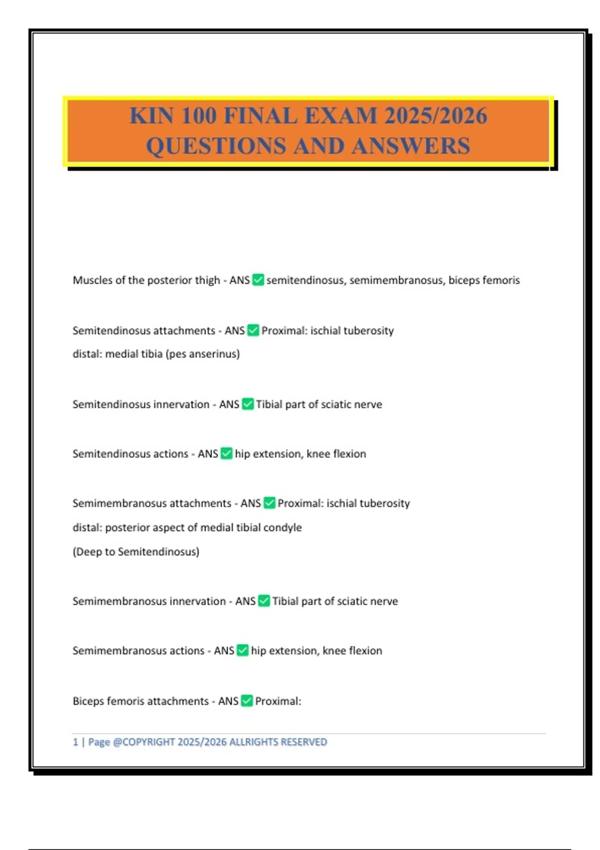 Kin 100 Lectures KIN 100 FINAL EXAM 2025/2026 QUESTIONS AND ANSWERS - KIN 100 - Stuvia US