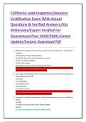 California Lead Inspector&sol;Assessor Certification Exam With Actual Questions & Verified Answers&comma;Plus Rationales&sol;Expert Verified For Guaranteed Pass 2025&sol;2026 &sol;Latest Update&sol;Instant Download Pdf