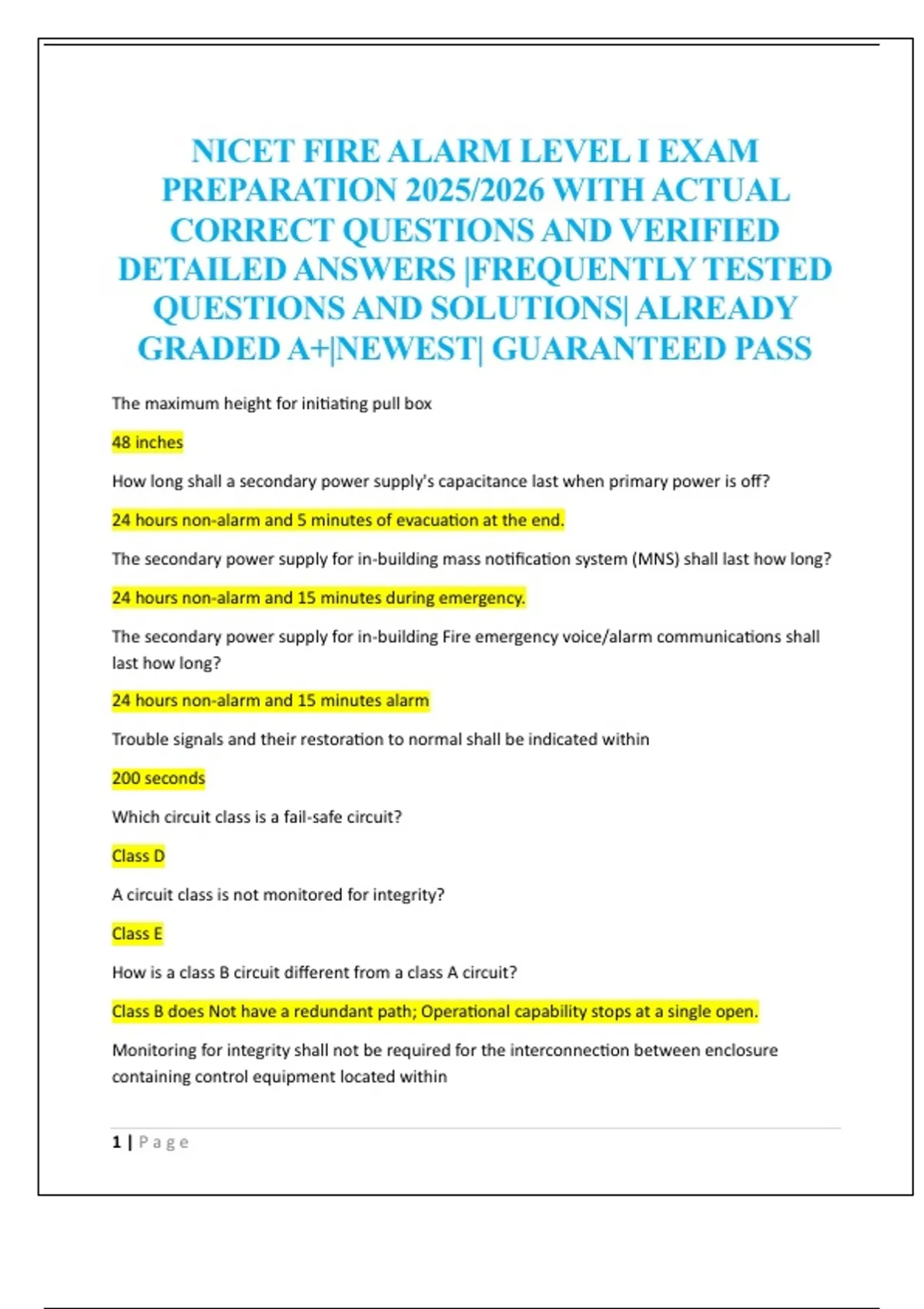 NICET FIRE ALARM LEVEL I EXAM PREPARATION 2025/2026 WITH ACTUAL CORRECT ...