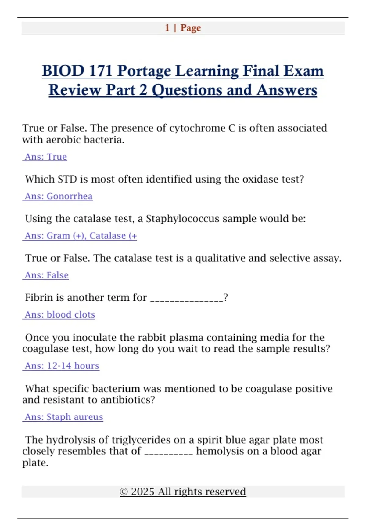 BIOD 171 Portage Learning Final Exam Review Part 2 Questions and ...