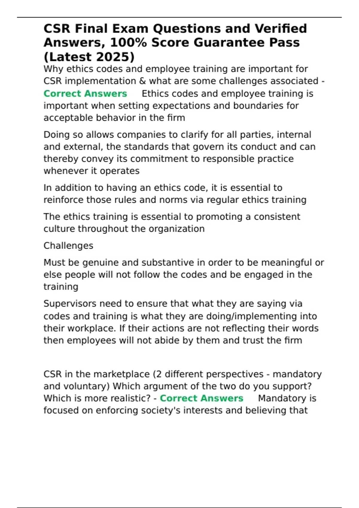 CSR Final Exam Questions and Verified Answers, 100- Score Guarantee ...
