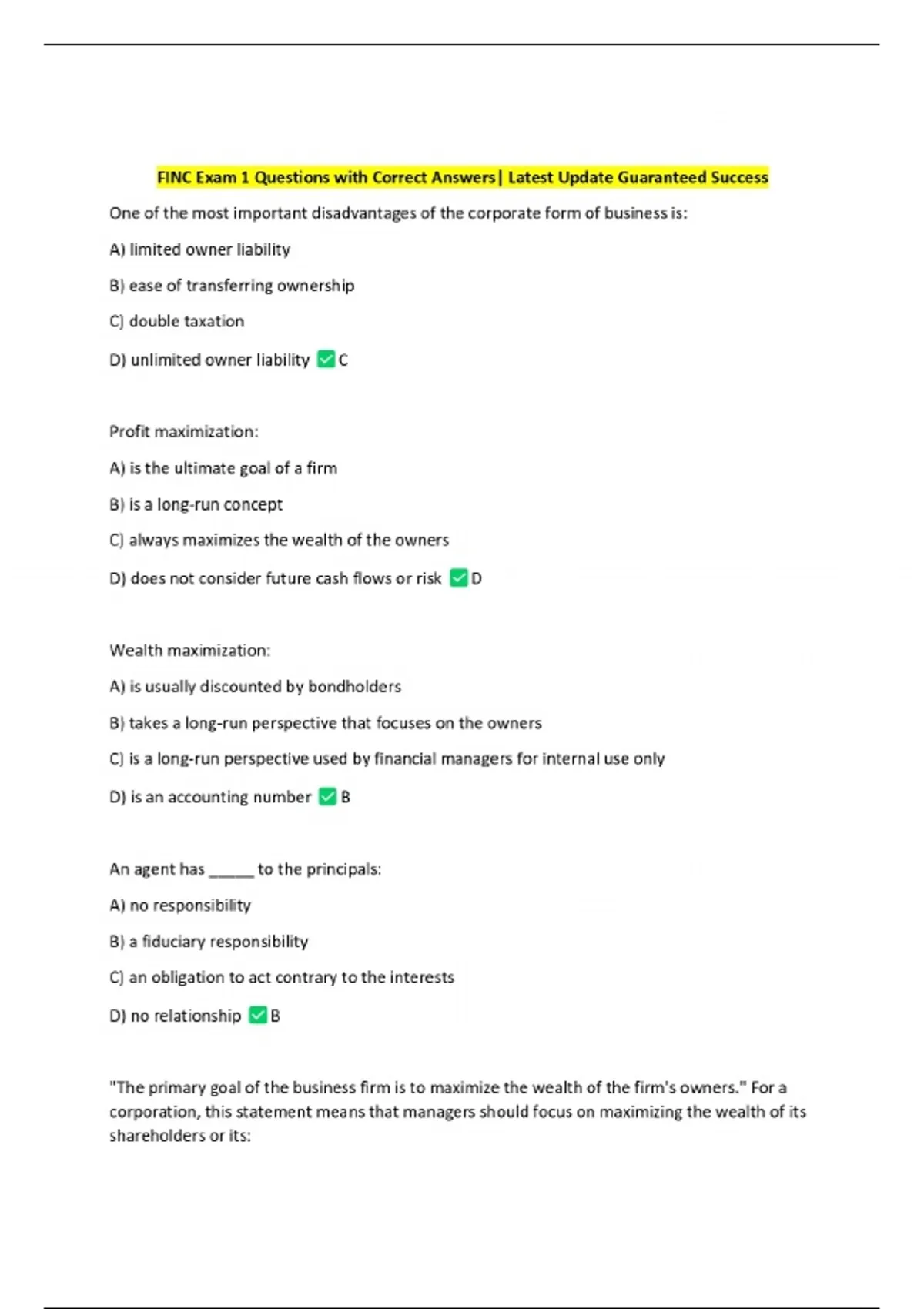 FINC Exam 1 Questions with Correct Answers| Latest Update Guaranteed ...