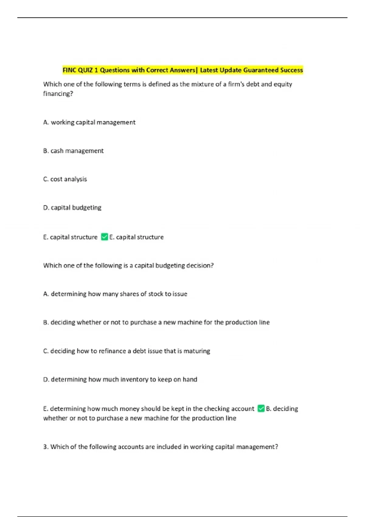FINC QUIZ 1 Questions with Correct Answers| Latest Update Guaranteed ...
