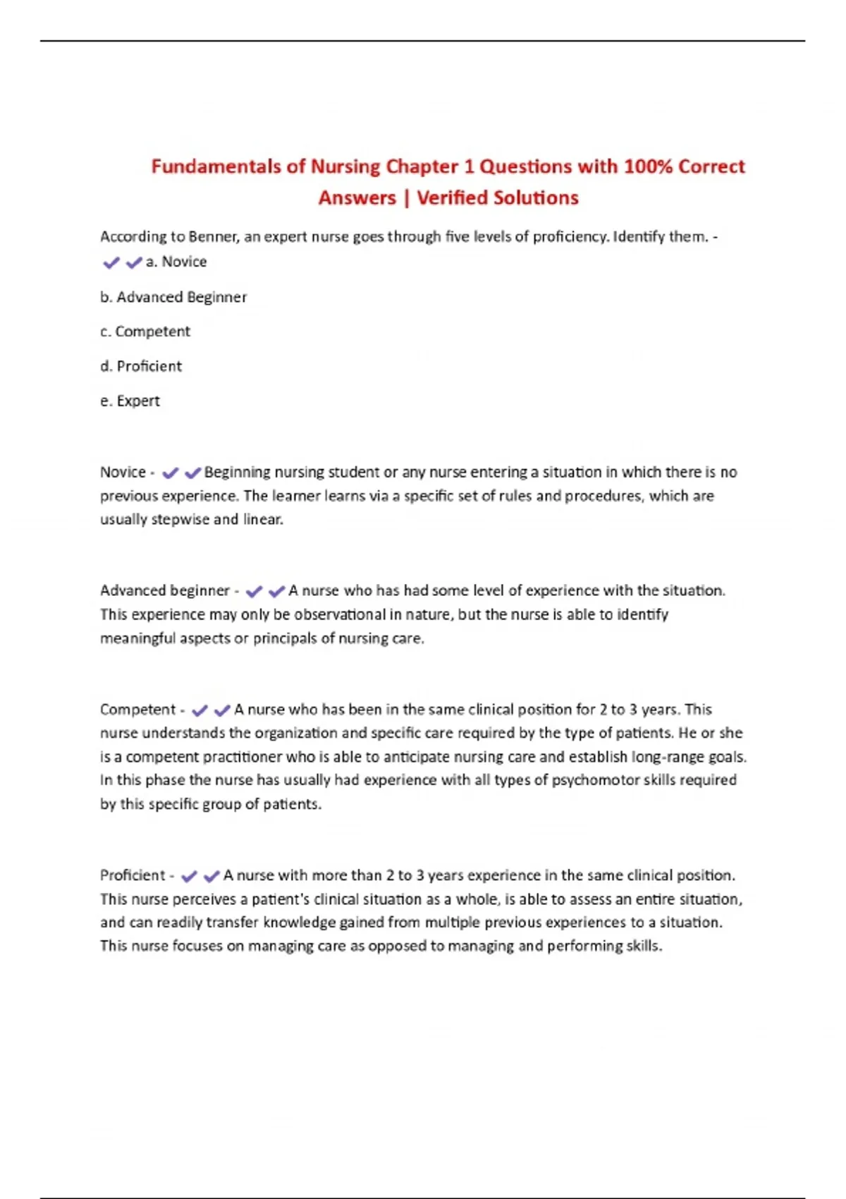 Fundamentals of Nursing Chapter 1 Questions with 100% Correct Answers ...