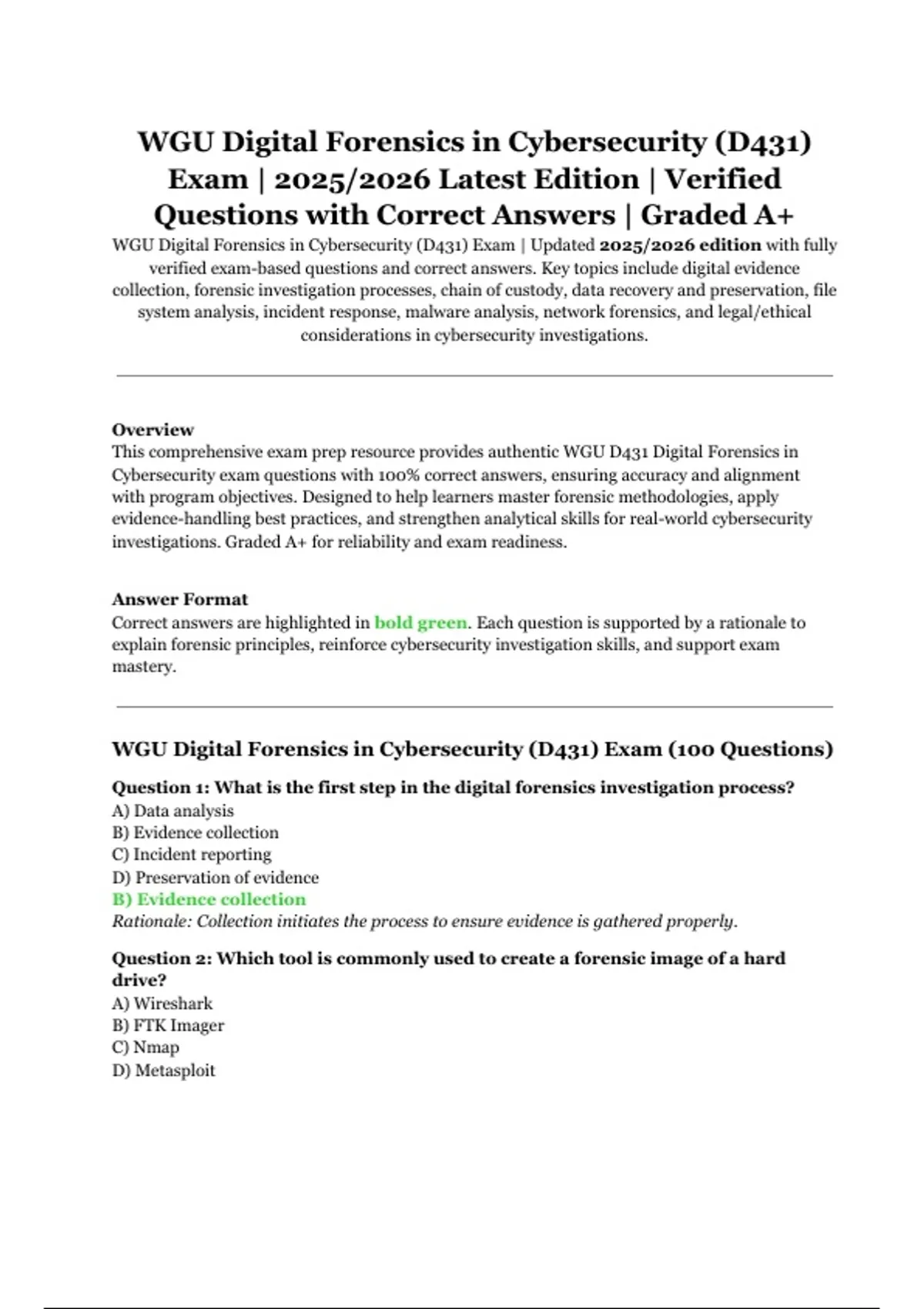 WGU Digital Forensics in Cybersecurity (D431) Exam | 2025/2026 Latest ...
