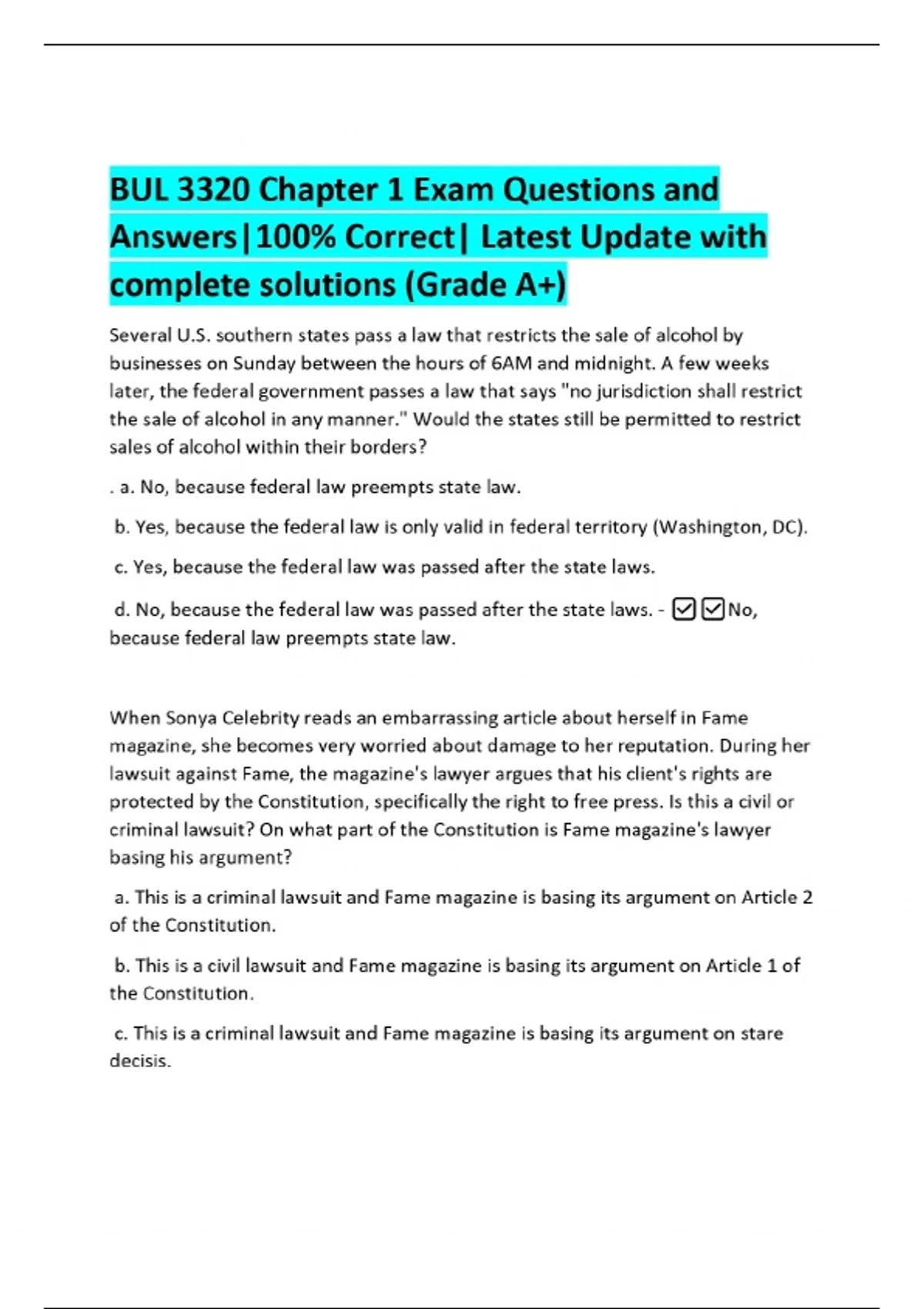 BUL 3320 Chapter 1 Exam Questions and Answers|100% Correct| Latest ...