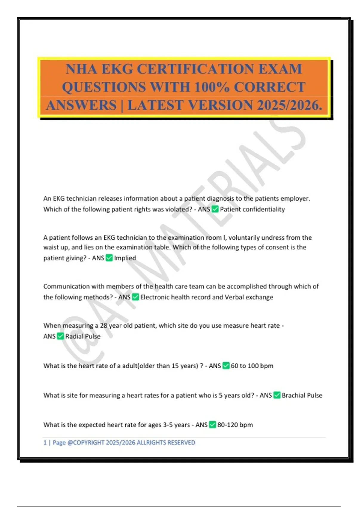 NHA EKG CERTIFICATION EXAM QUESTIONS WITH 100% CORRECT ANSWERS | LATEST ...