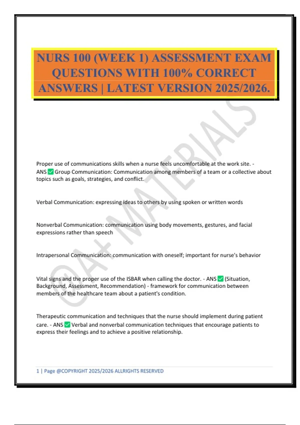 NURS 100 (WEEK 1) ASSESSMENT EXAM QUESTIONS WITH 100% CORRECT ANSWERS ...