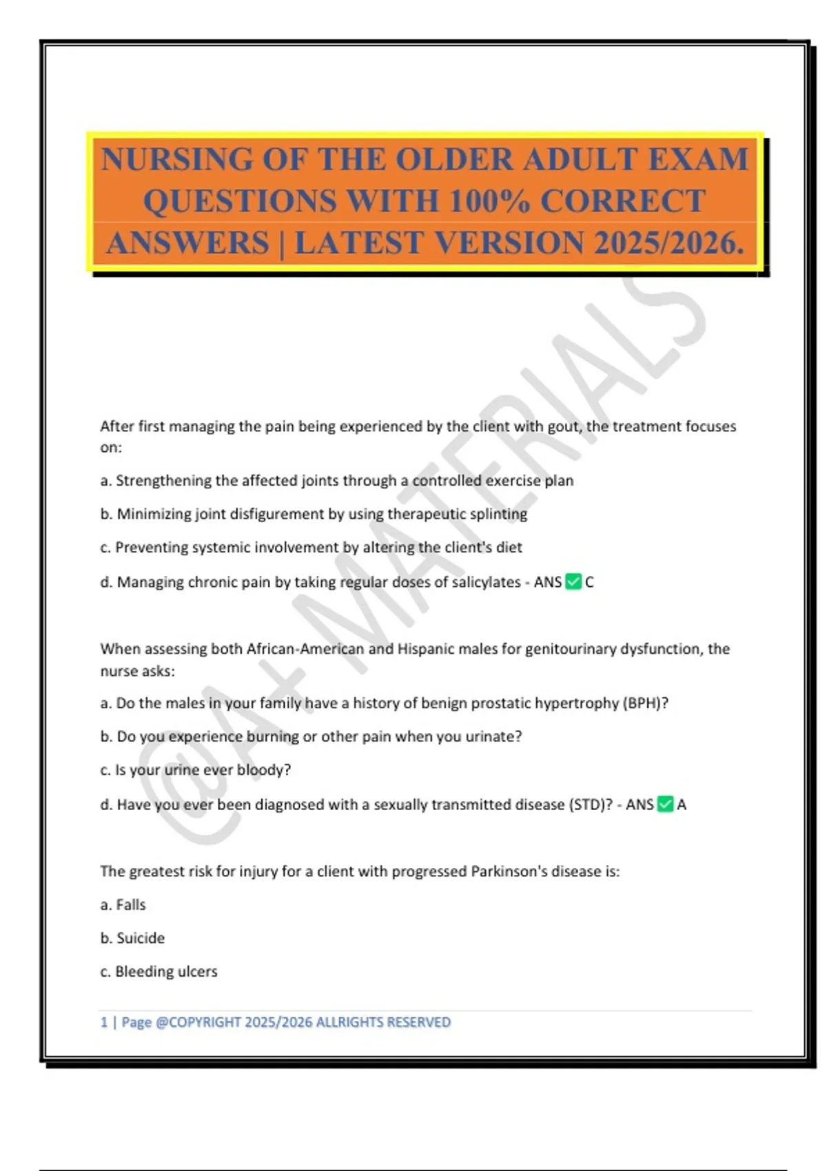 NURSING OF THE OLDER ADULT EXAM QUESTIONS WITH 100% CORRECT ANSWERS ...