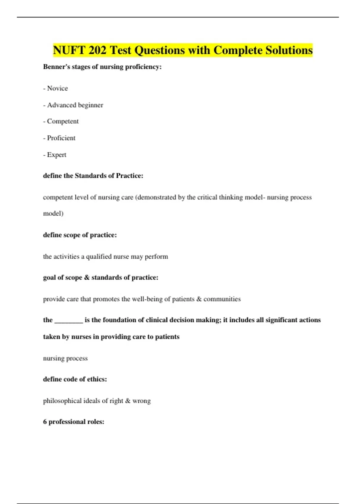 NUFT 202 Test Questions with Complete Solutions - NUFT 202 - Stuvia US
