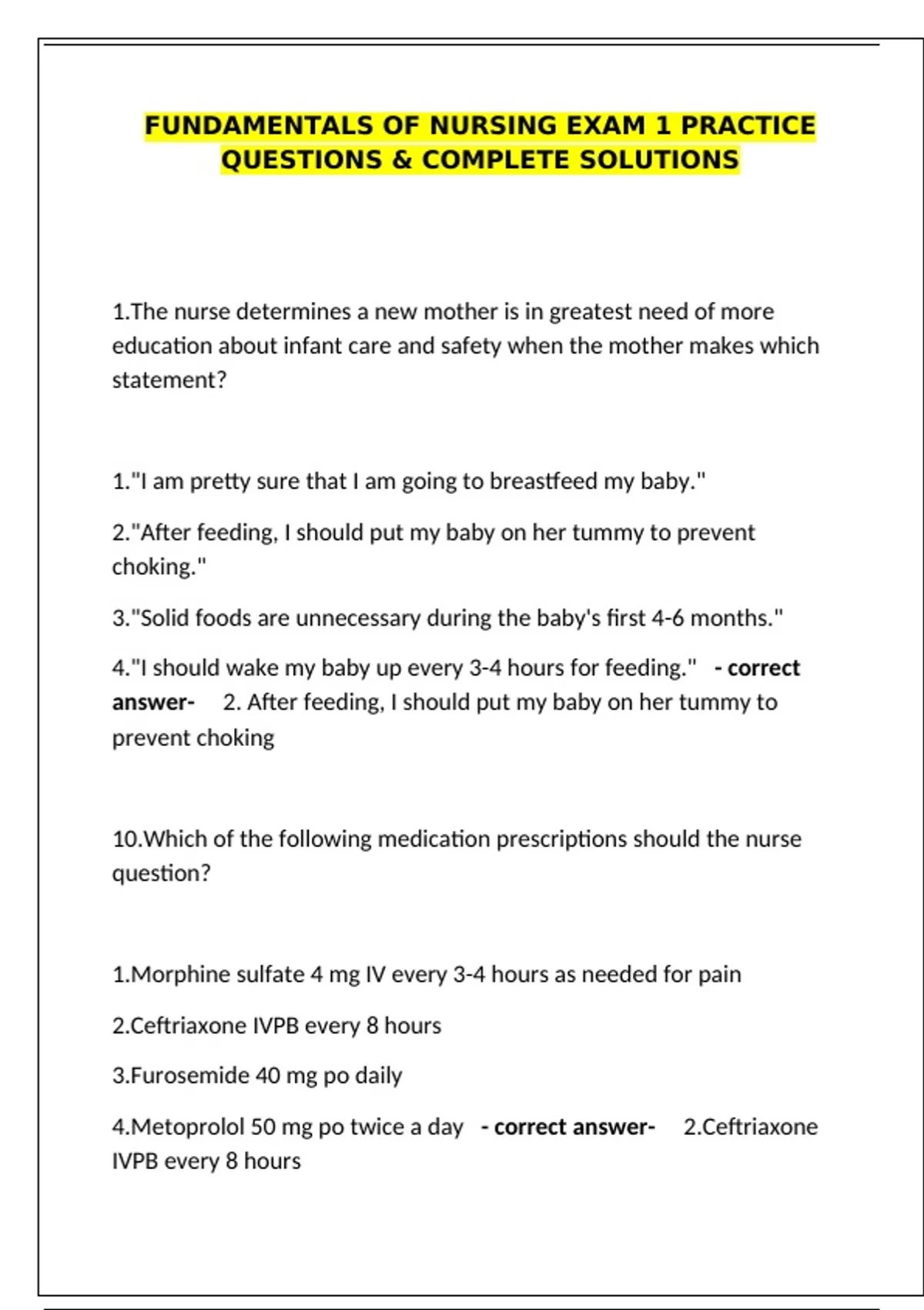 Fundamentals of Nursing Exam 1 Practice Questions & complete solutions ...