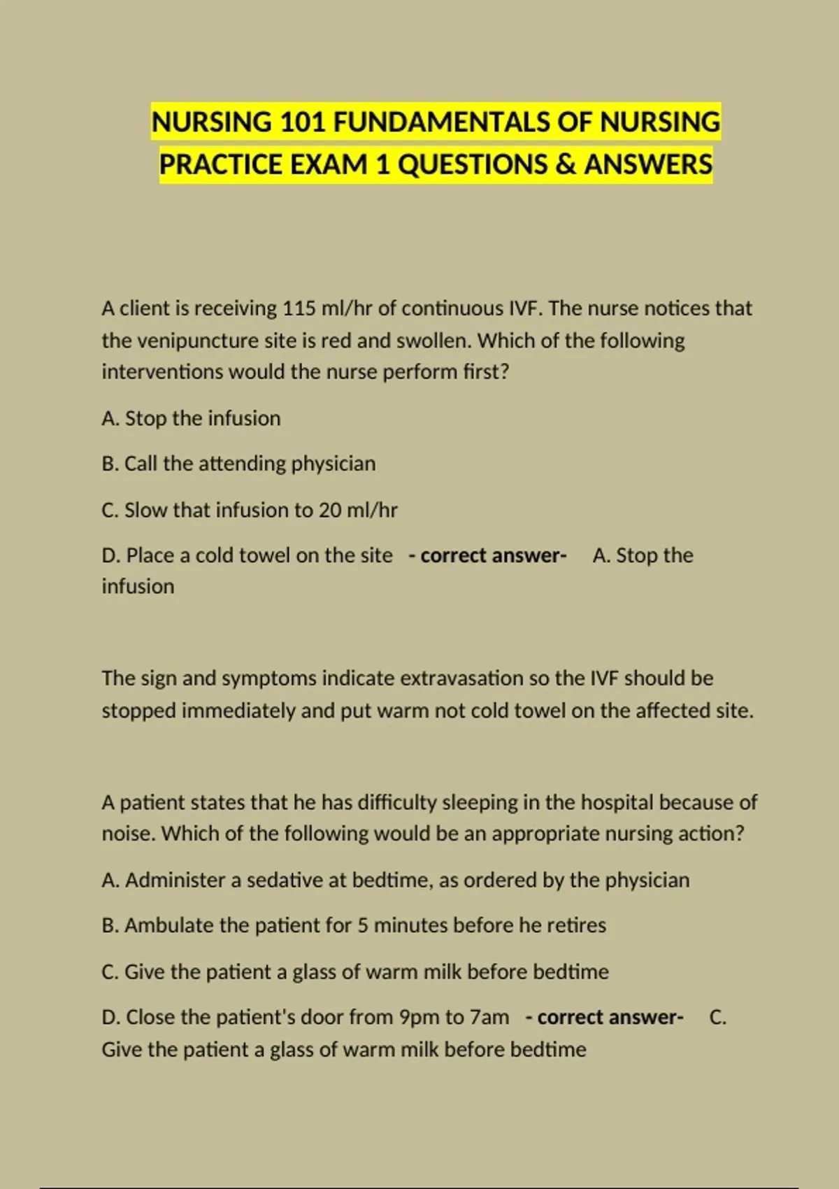 Nursing 101 Fundamentals of Nursing Practice Exam 1 questions & answers ...