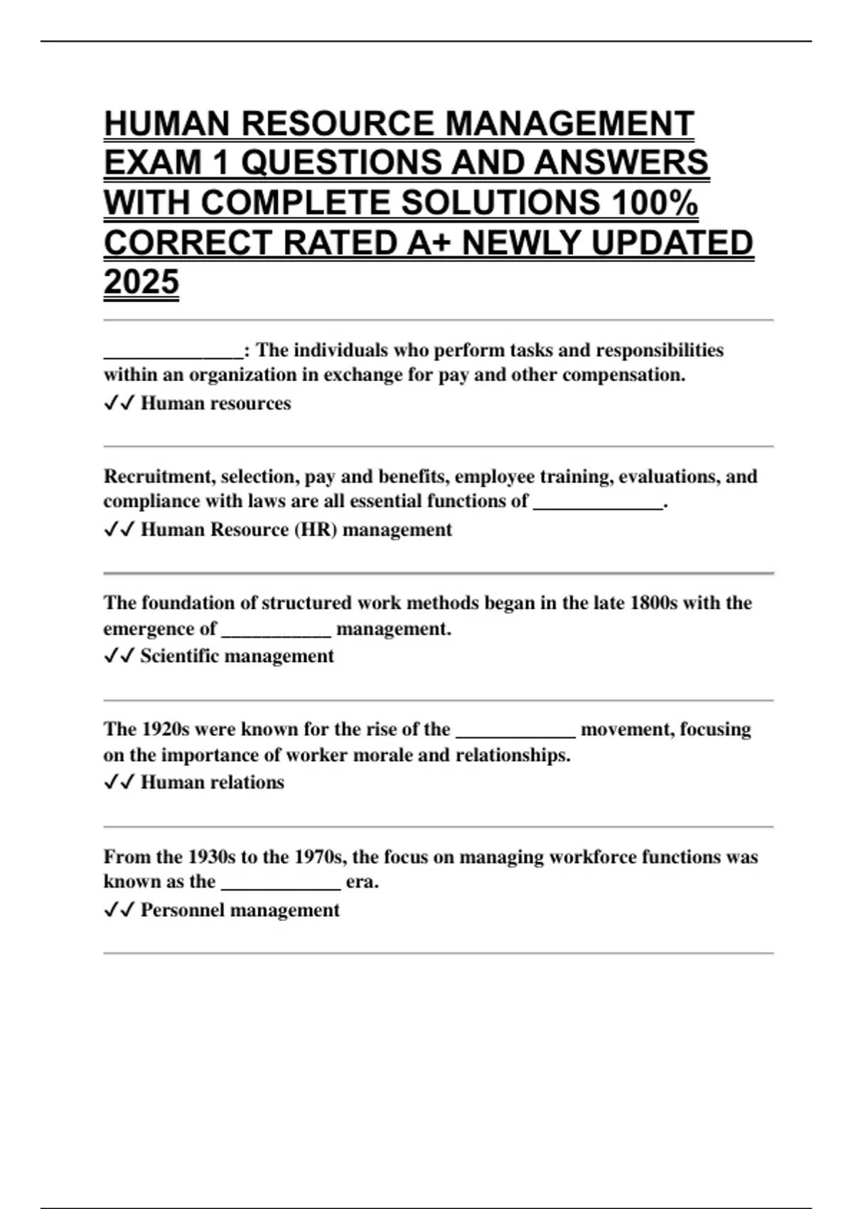 HUMAN RESOURCE MANAGEMENT EXAM 1 QUESTIONS AND ANSWERS WITH COMPLETE ...